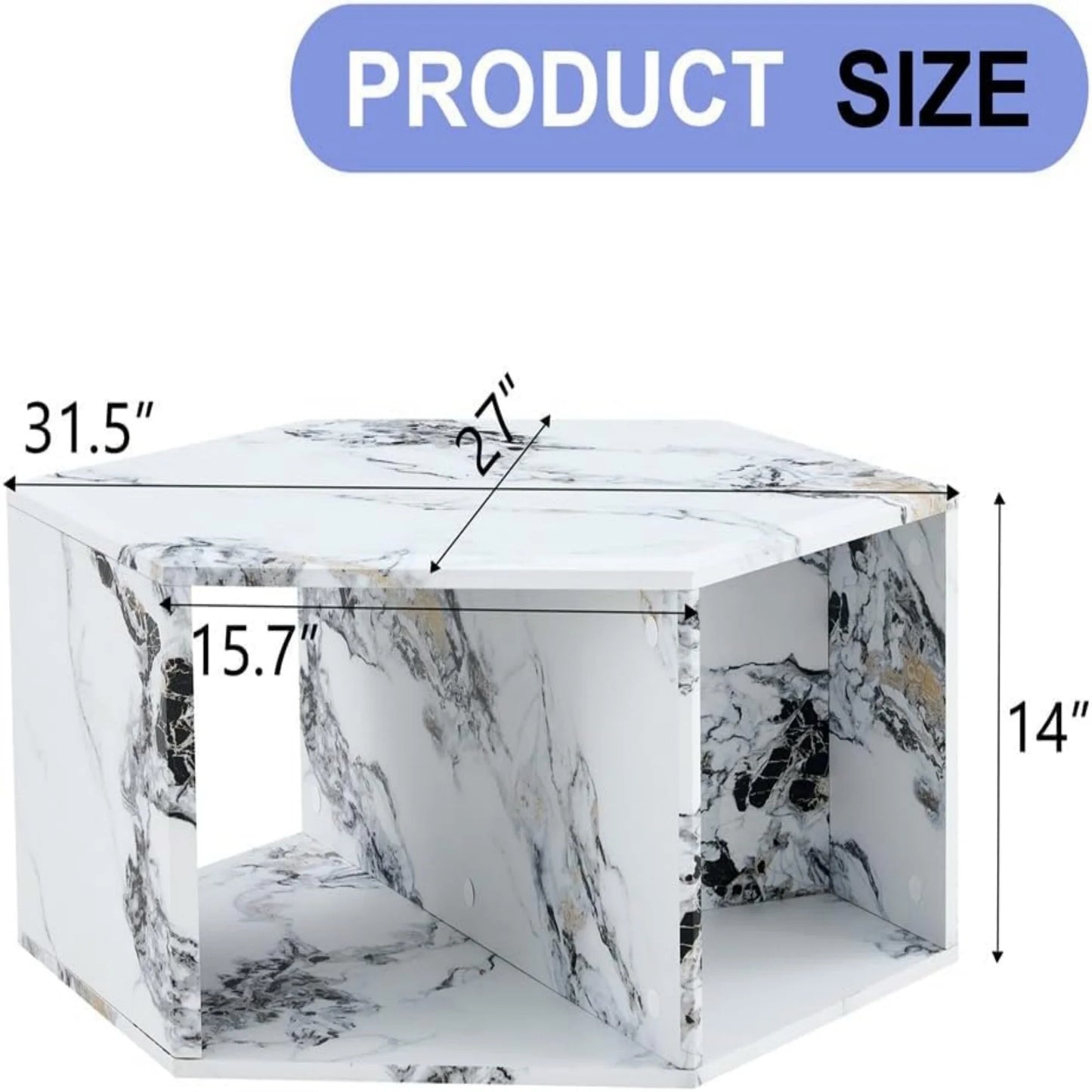 SUDICA Faux Marble Coffee Table with Storage, Hexagon Shape, White MDF, Modern Living Room
