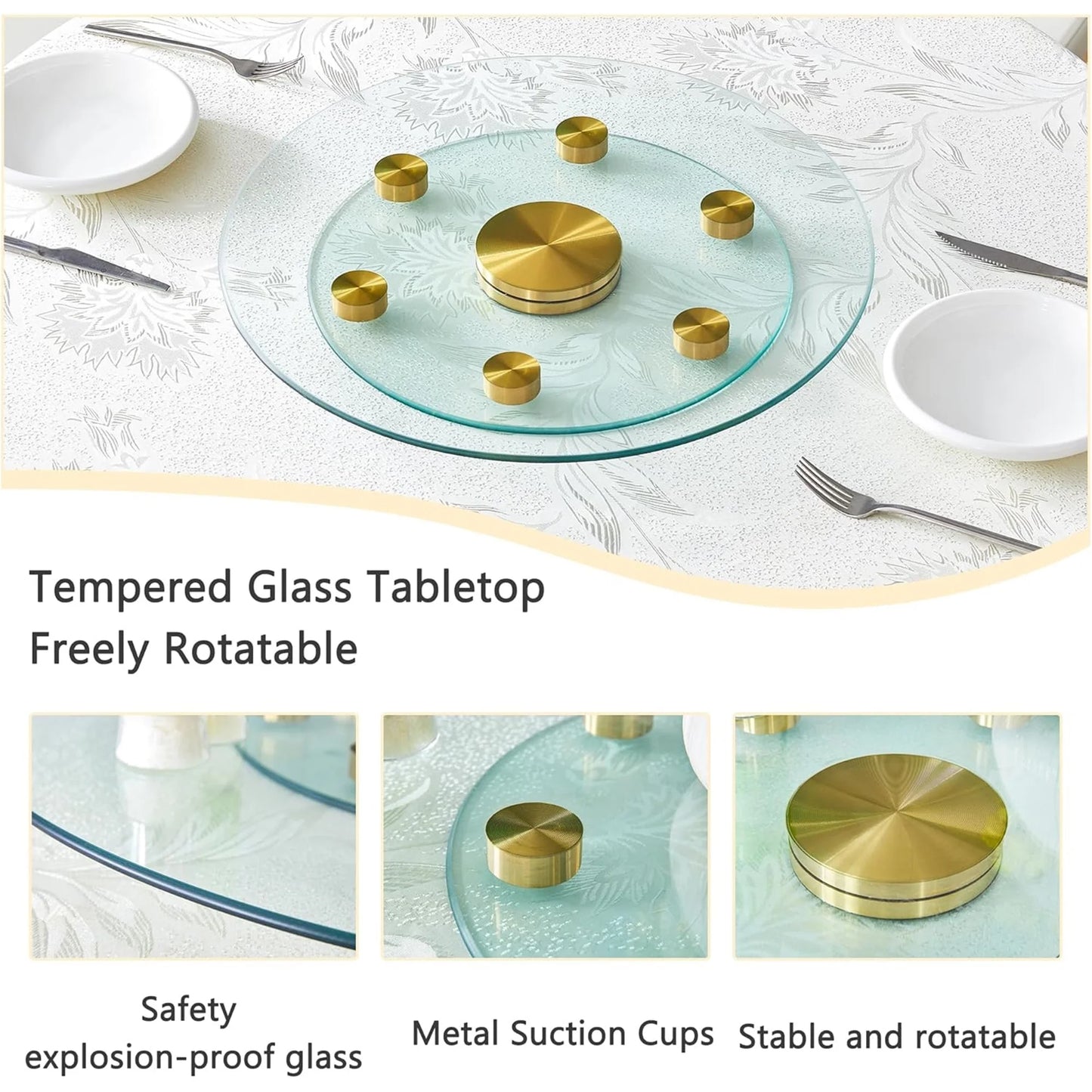 SUDICA 20" Transparent Tempered Glass Lazy Susan Turntable with Gold Base, Double Layer Dining Table Top