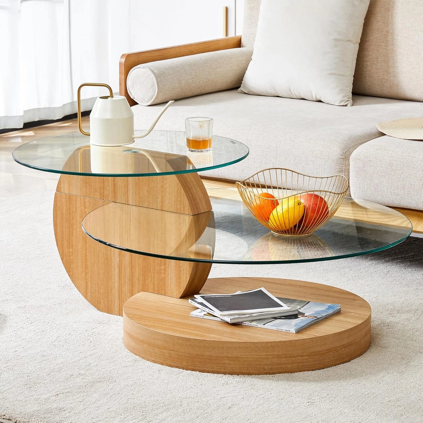 Sudica Modern Coffee Table with Double-layer Round Glass Tabletop 35.4" Tea Table with Light Wood Faux Marble Patterned Base,Center Table for Living Room