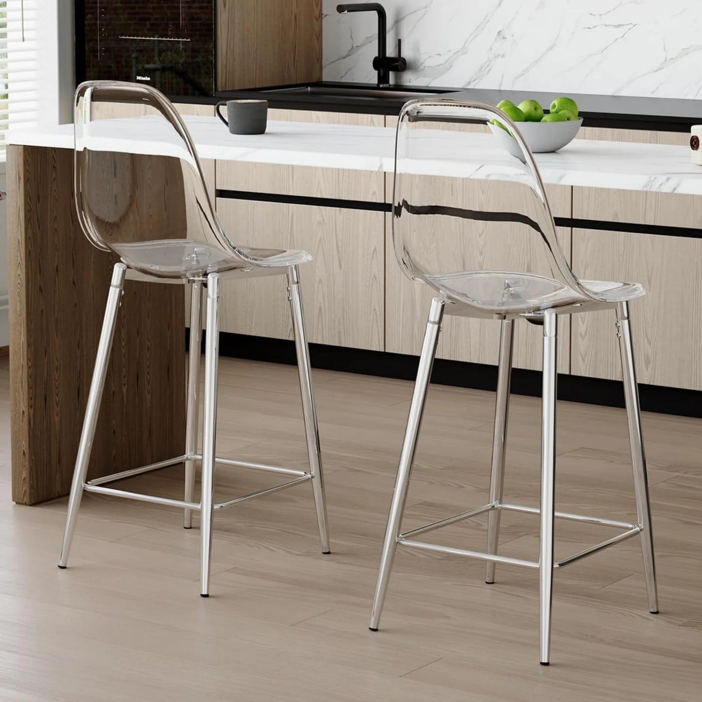 SUDICA Kitchen Island Counter Height Bar Stools Set of 2, Clear PET Seats, Silver Legs