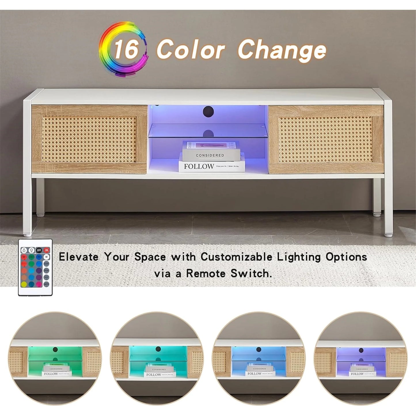 Rattan TV Stand for 65 Inch TV, Boho Entertainment Center with Adjustable Shelves & Metal Frame, Wood TV Media Console with Variable Light Strip for Living Room, White