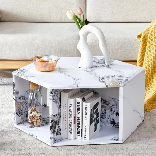 SUDICA Faux Marble Coffee Table with Storage, Hexagon Shape, White MDF, Modern Living Room