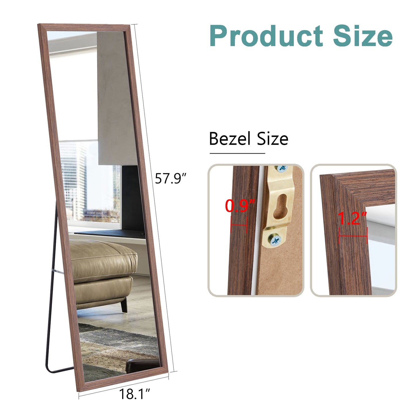 Wood Floor Mirror, 58"x 18" Sudica Thick Wooden Frame Full Body Mirror with Stand, Wall Mirror for Living Room, Brown
