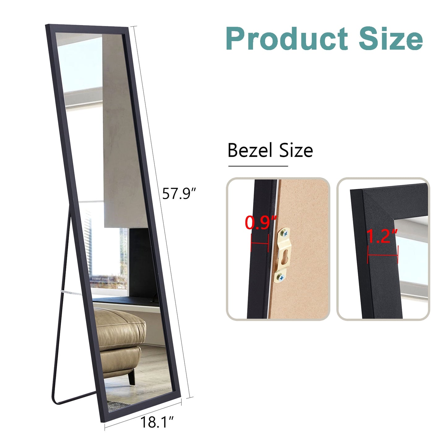 Wood Floor Mirror, 58"x 18" Sudica Thick Wooden Frame Full Body Mirror with Stand, Wall Mirror for Living Room, Black