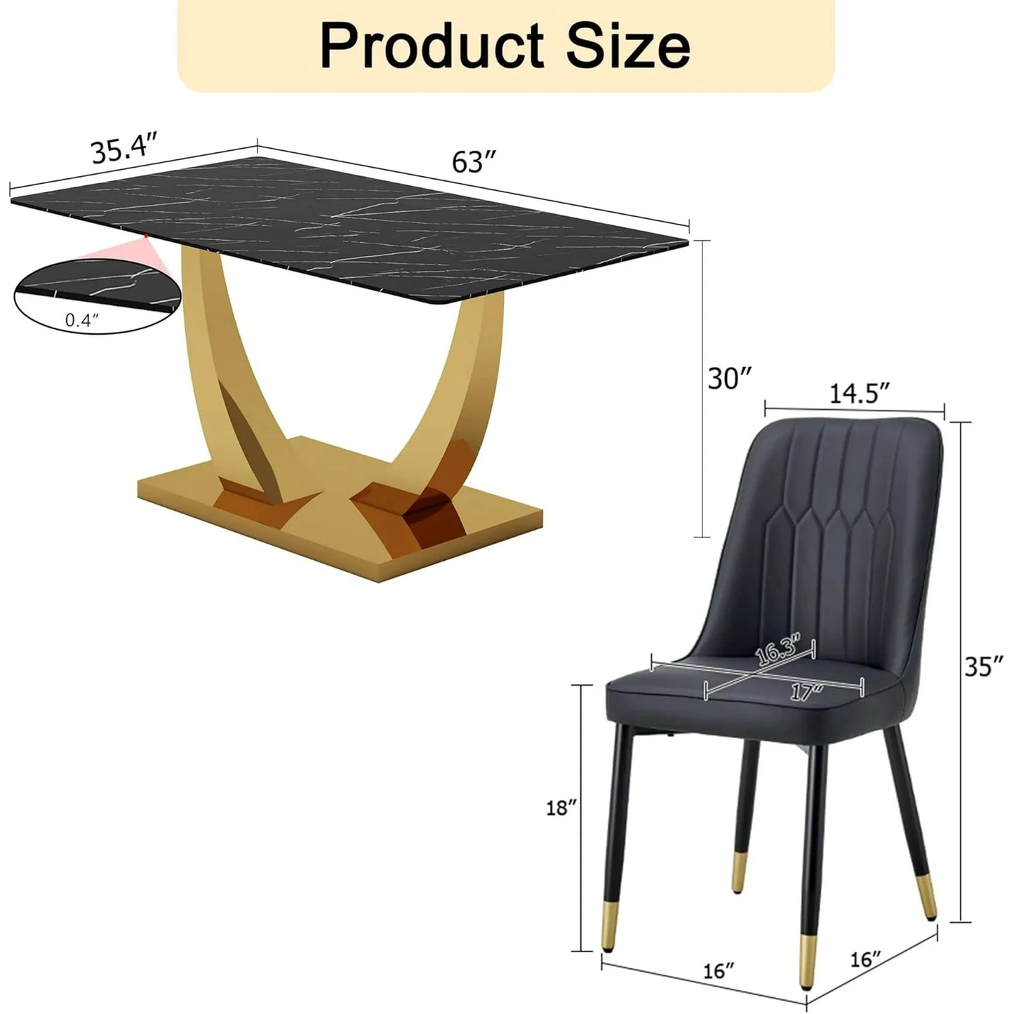 SUDICA 5 Piece Dining Table Set, Faux Marble Glass Top, Gold Base, PU Chairs for Dining Room