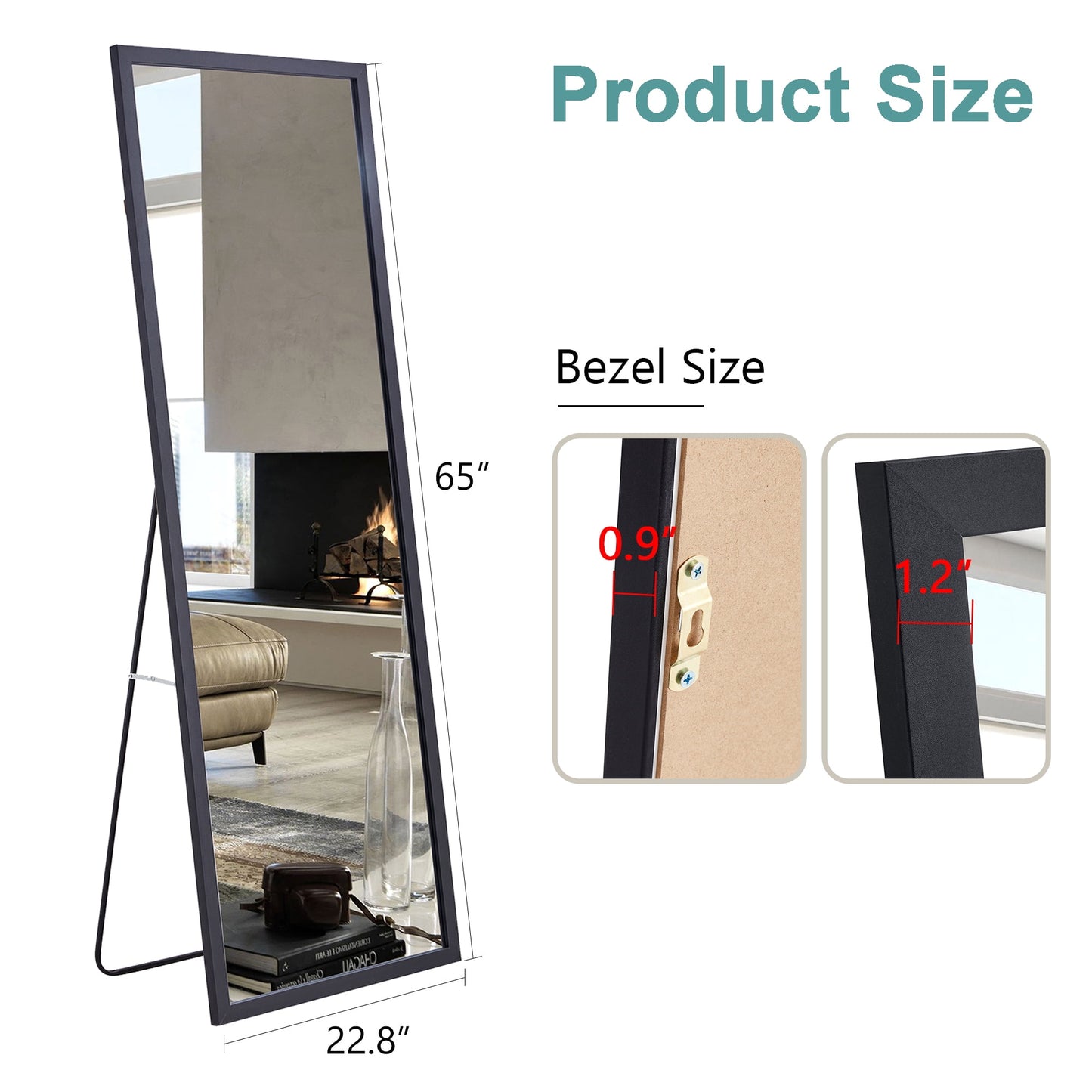 Wood Floor Mirror, 65"x 23 inch Sudica Thick Wooden Frame Full Body Mirror with Stand, Wall Mirror for Living Room, Black