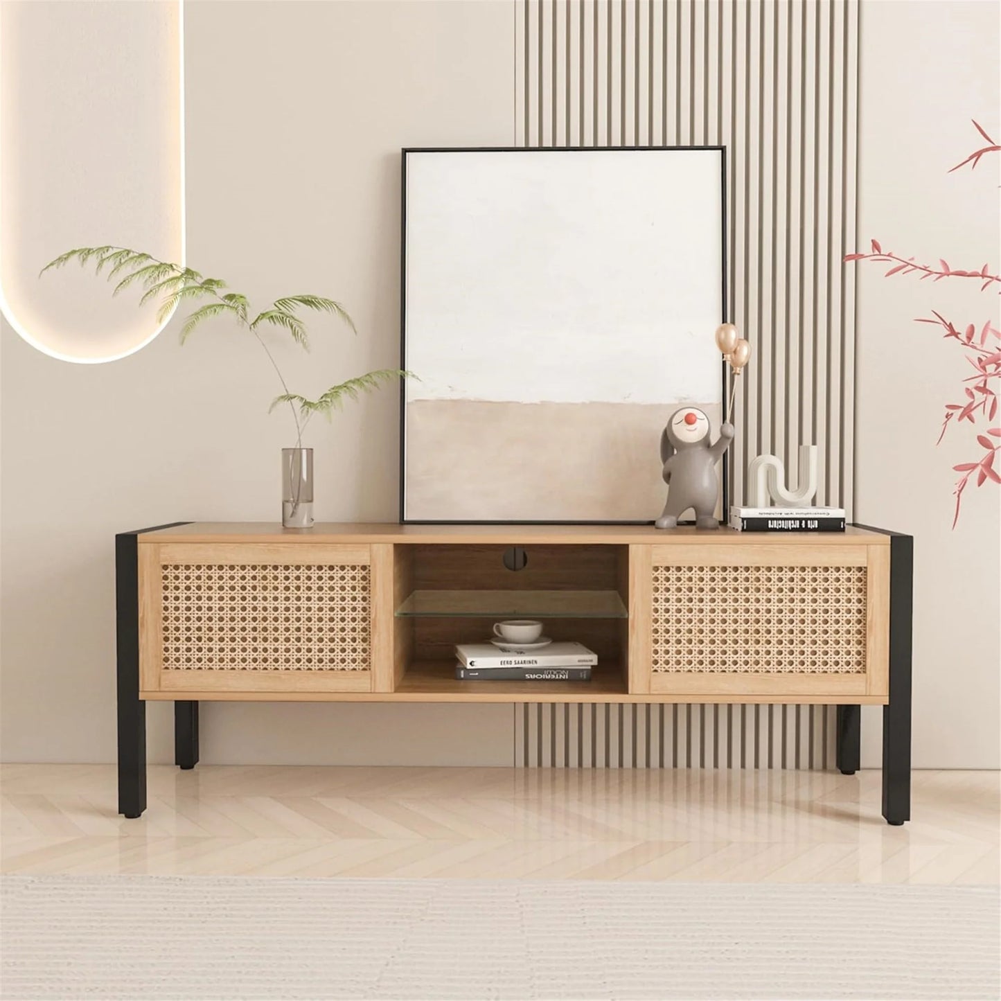 Rattan TV Stand for 65 Inch TV, Boho Entertainment Center with Adjustable Shelves & Metal Frame, Wood TV Media Console with Variable Light Strip for Living Room, White,Natural