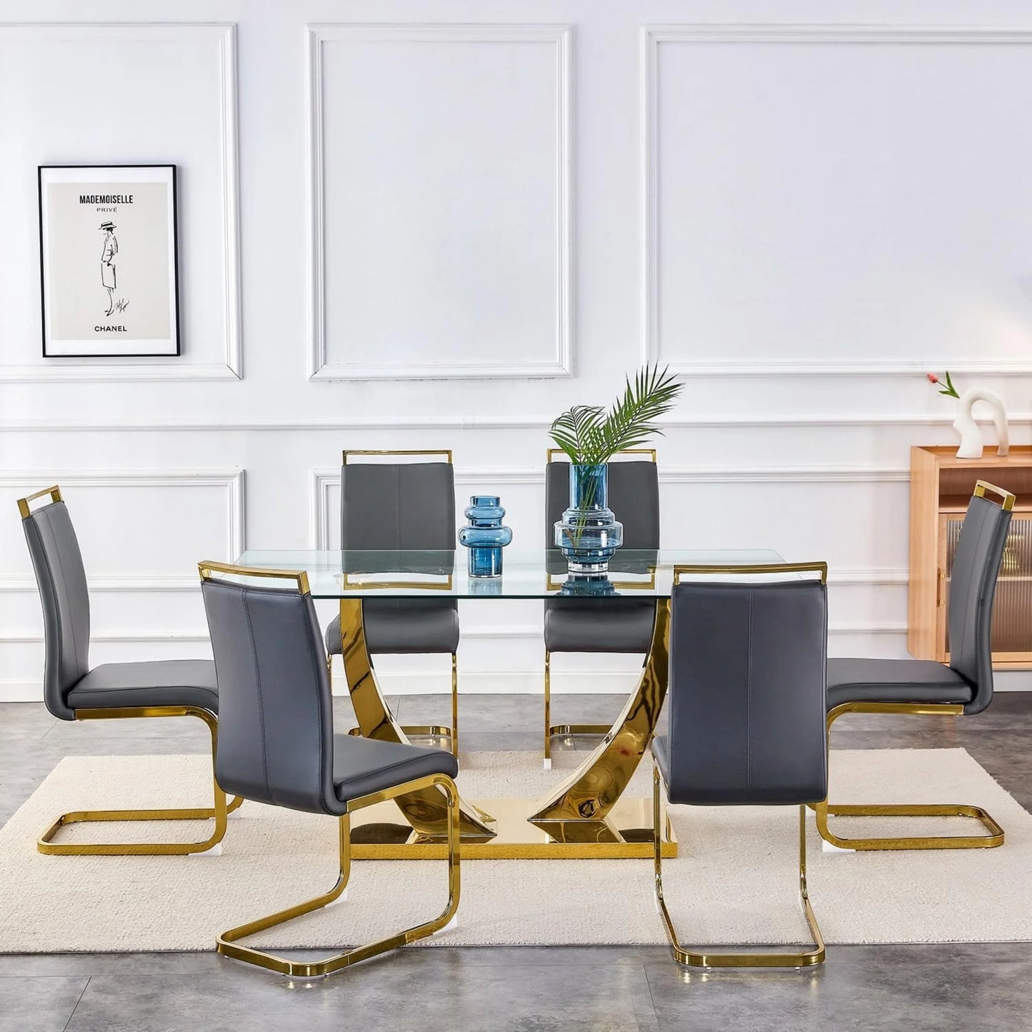SUDICA 63" Glass Dining Table Set with PU Leather Chairs, Gold Base, for Dining Room, 7-Piece