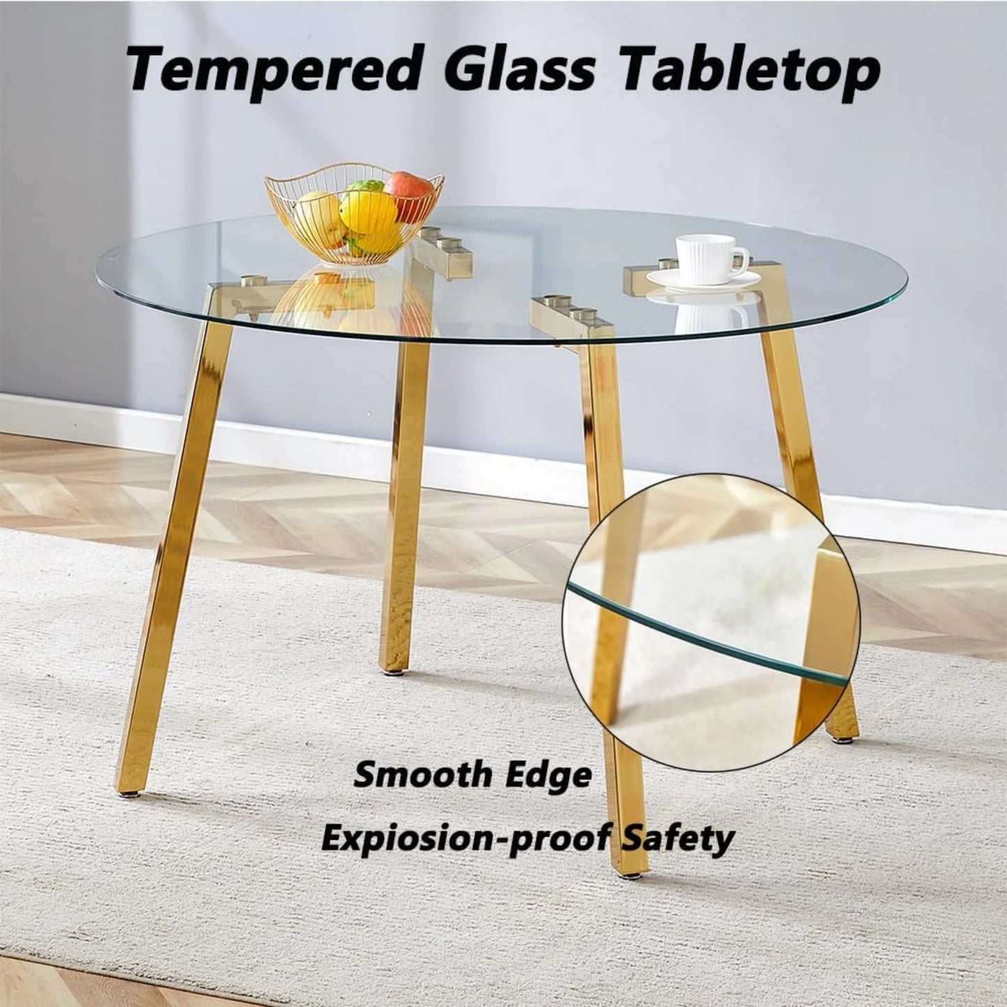 Sudica 47.3"Round Dining Table. Modern Minimalist Kitchen Table Glass with Metal Legs, for Kitchen, Dining Room, Golden