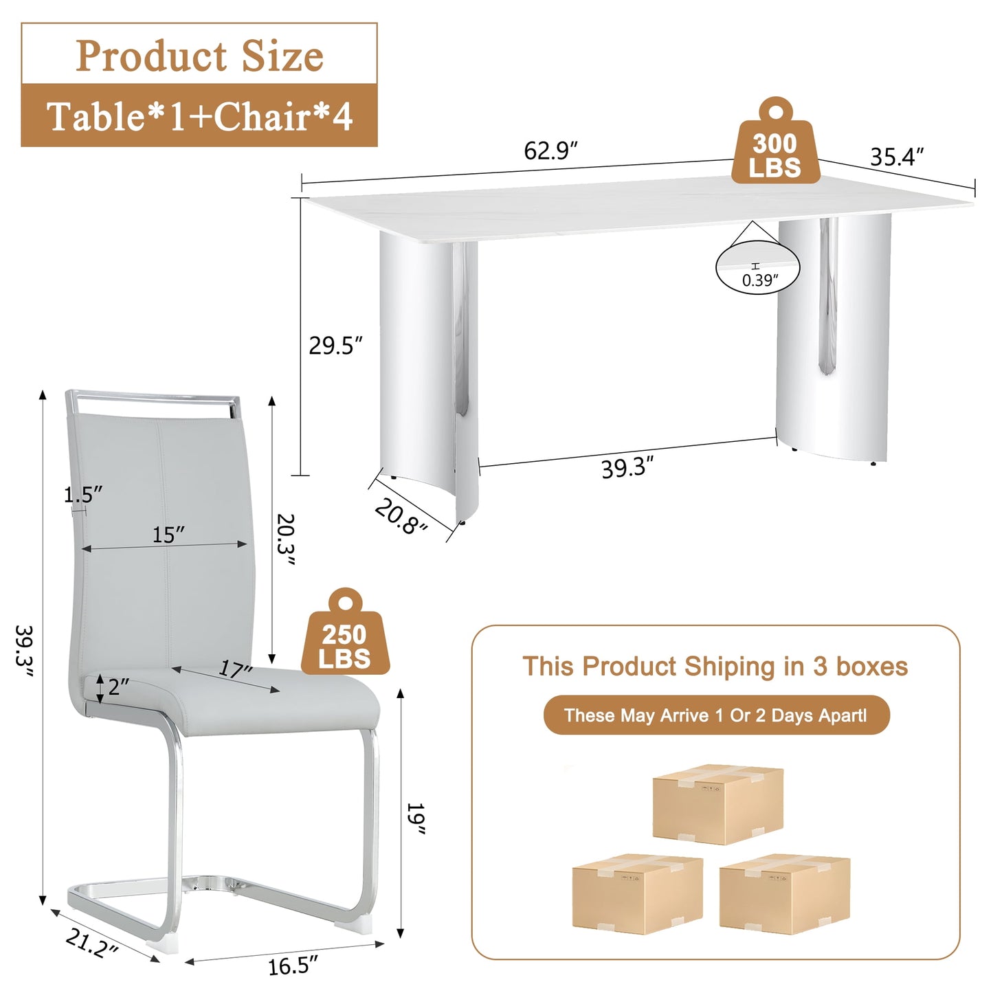 Dining Table Set for 4£¬Sudica 63" Faux Marble White Rectangular Dining Table and Upholstered PU Leather Dining Room Chairs for Kitchen,Light Gray