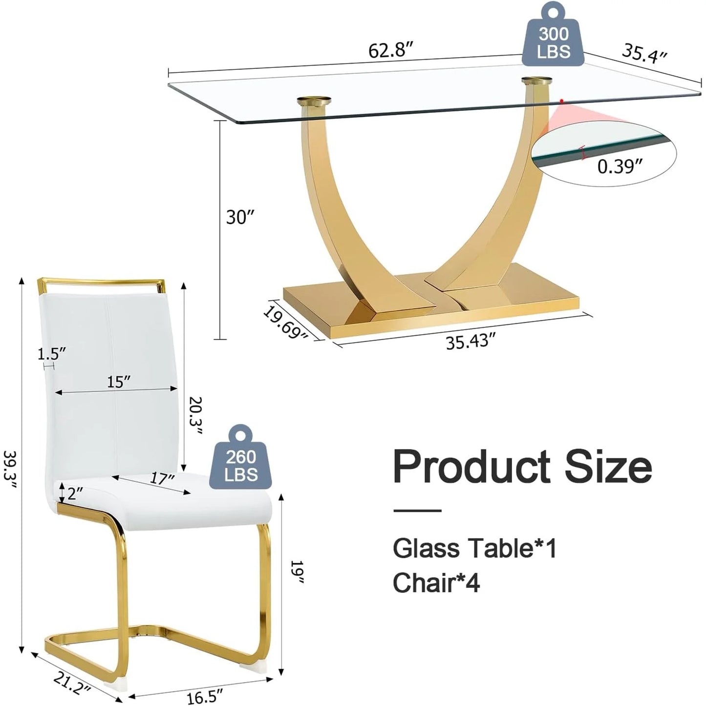 SUDICA 7-Piece Dining Set with 63" Glass Table and 6 PU Leather Chairs, Gold Base
