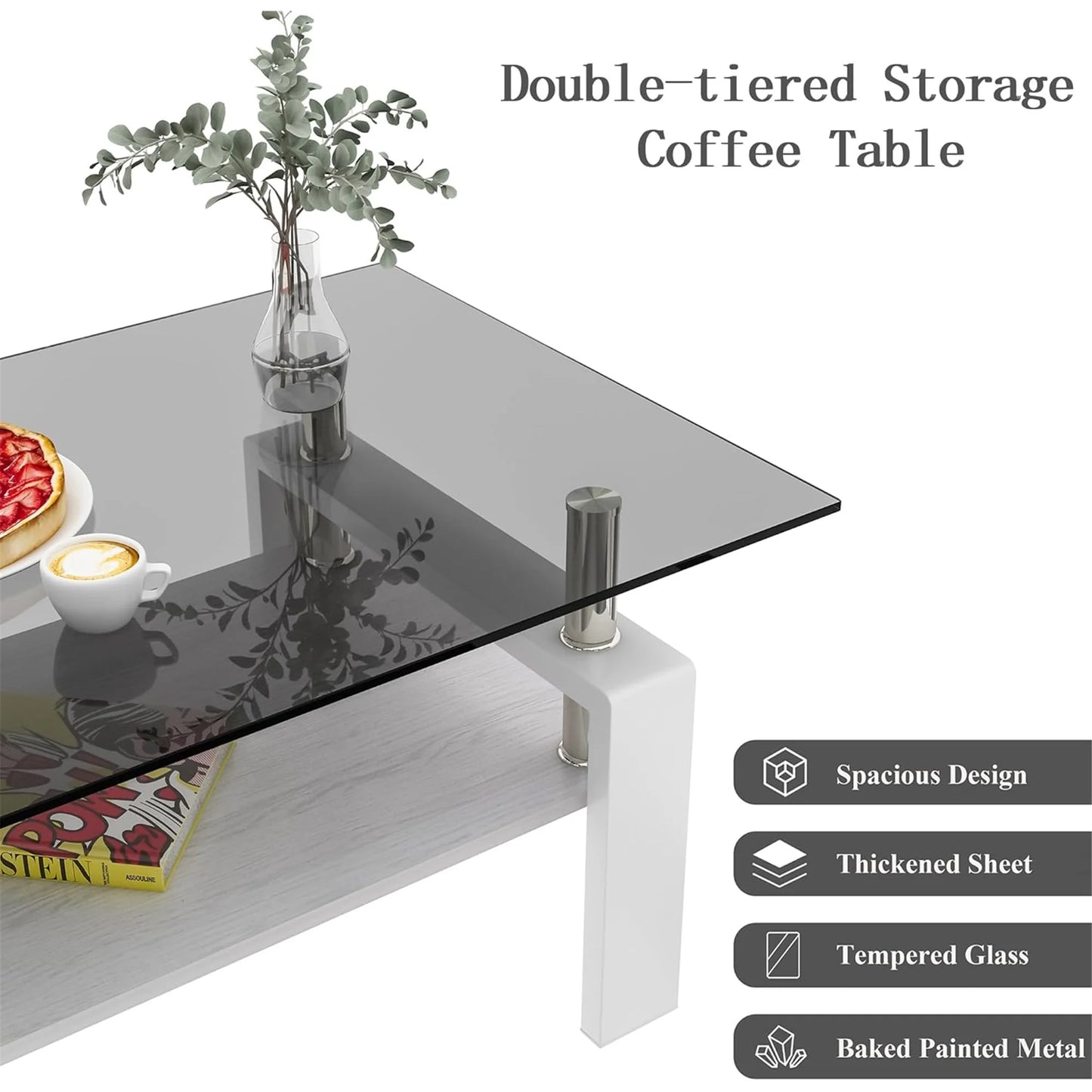 Glass Coffee Table Rectangle Living Room Center Table with Storage, Clear Tempered Glass Tabletop and Smoke Grey Leg,for Living Room and Office (Clear Smoke),Gray white