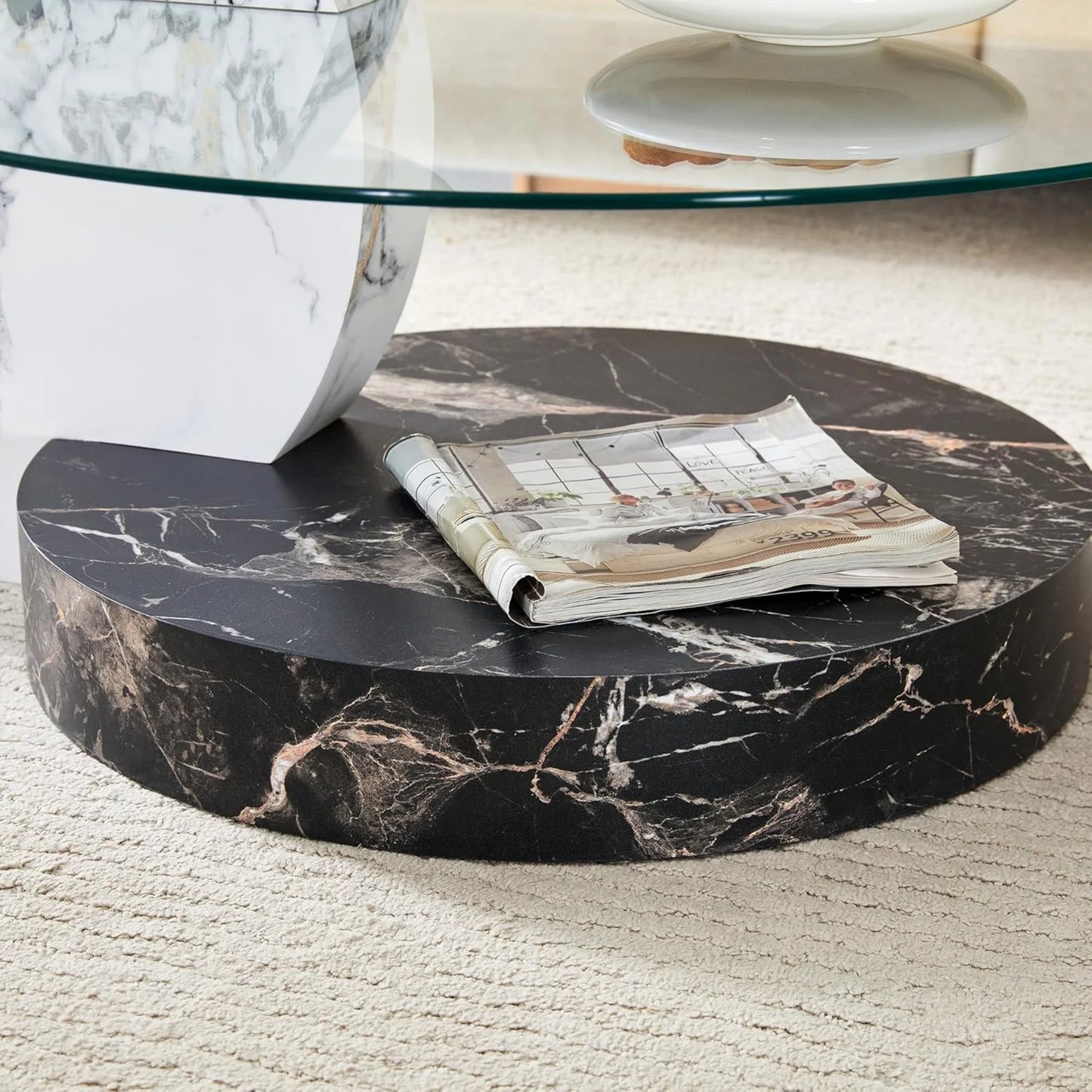 SUDICA Modern Coffee Table with Double-layer Round Glass Tabletop, Tea Table and Center Table for Living Room, Black/White