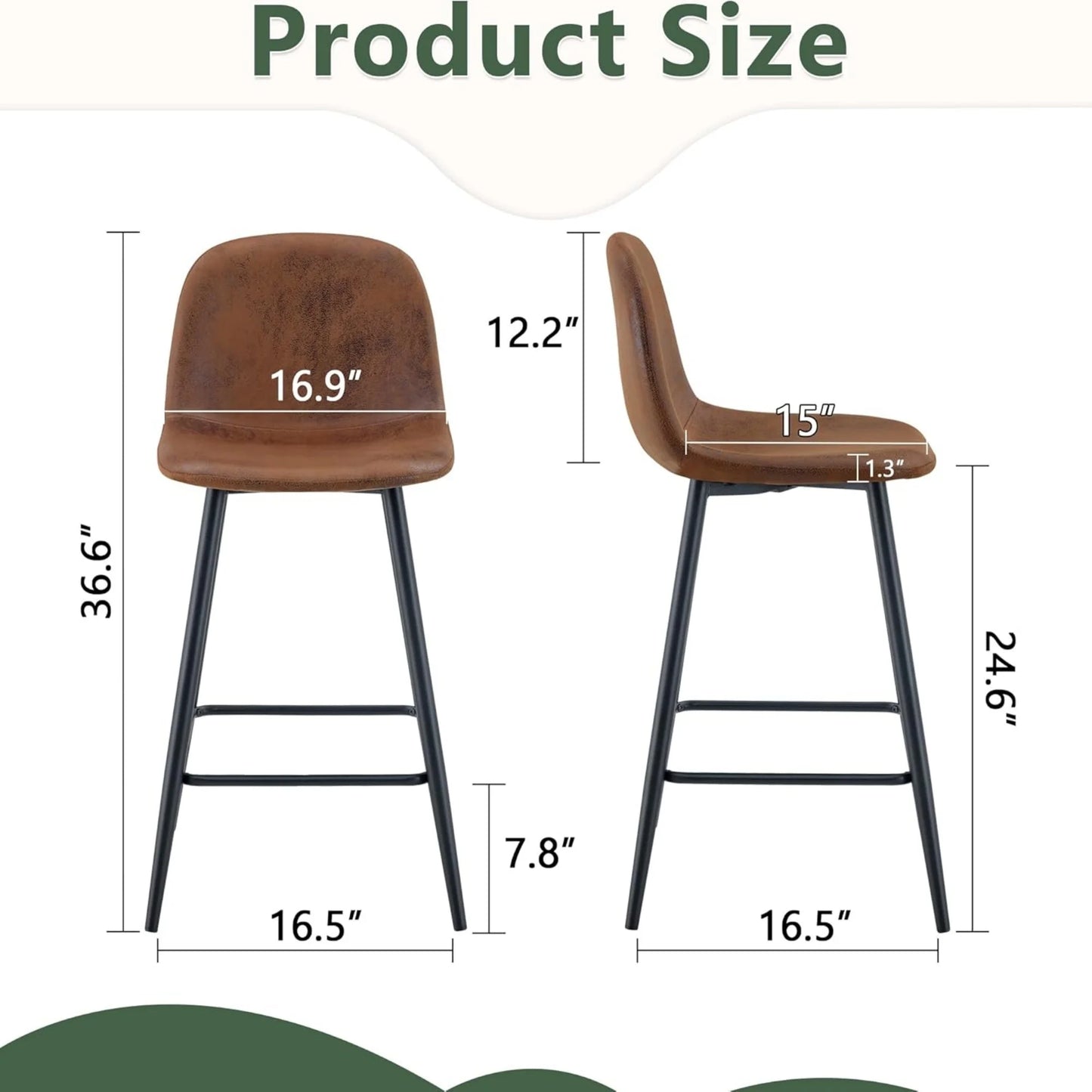 Bar stools Set of 2, Faux Suede Counter Height Bar Stools, Dining Room Chairs with Metal Legs & Soft Backrest, Easy to Assemble