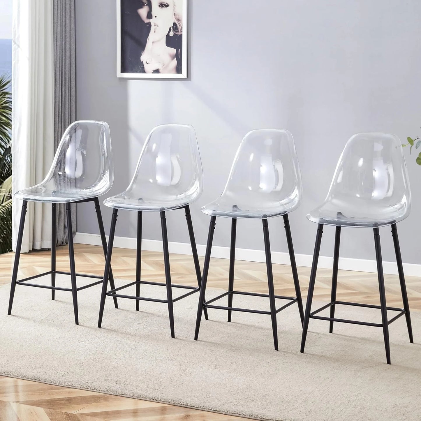 SUDICA Indoor Counter Height Bar Stool Set of 4, Transparent Plastic Seats, Black Legs