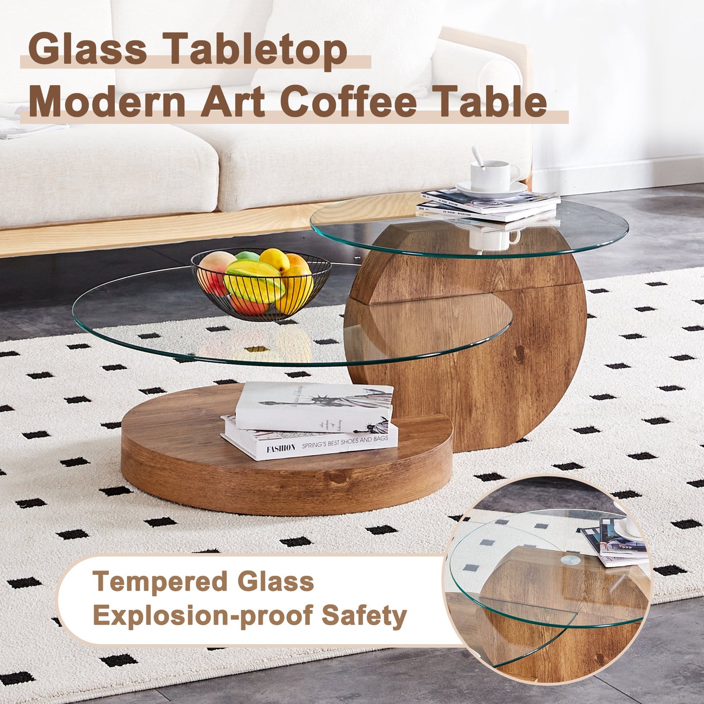 Sudica Modern Coffee Table with Double-layer Round Glass Tabletop，31 inch Tea Table with Dark Wood Grain Base,Center Table for Living Room