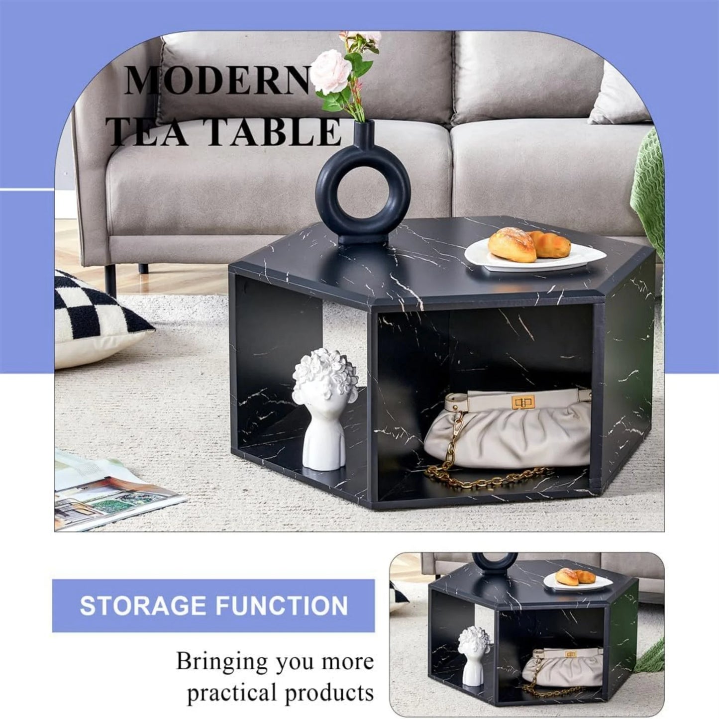Faux Marble Coffee Table with Storage, Geometric Living Room Table