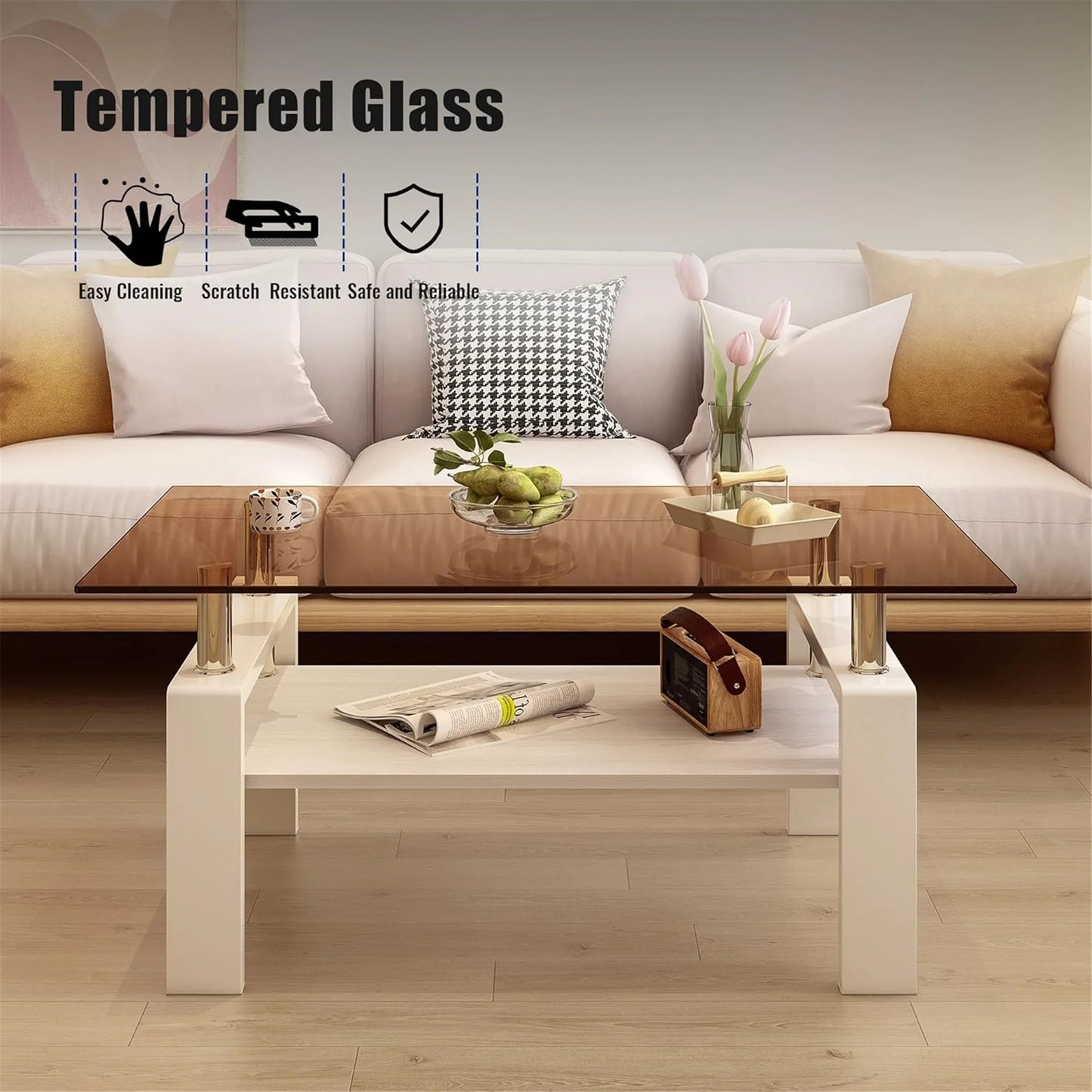 Glass Coffee Table Rectangle Living Room Center Table with Storage, Clear Tempered Glass Tabletop and Smoke Grey Leg,for Living Room and Office (Clear Smoke),Brown white