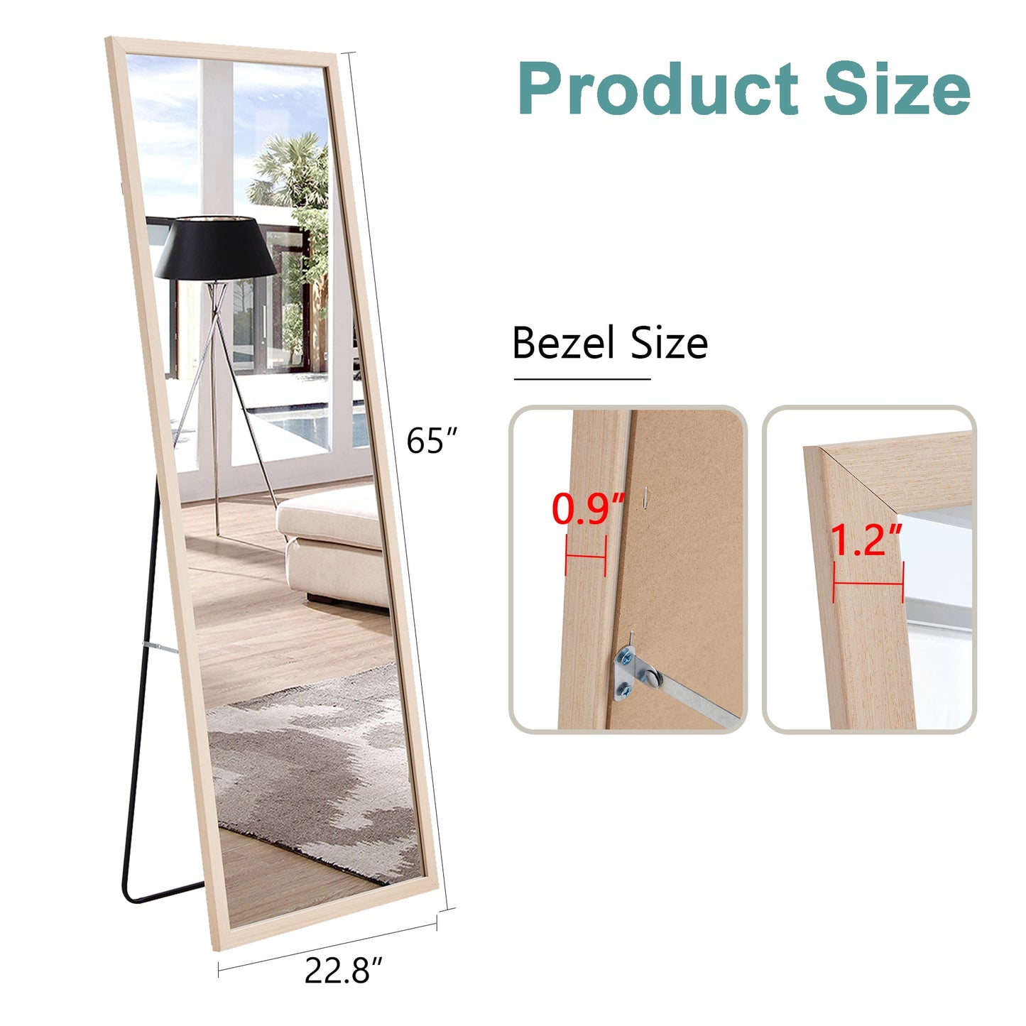 Wood Floor Mirror, 65"x 23" Sudica Thick Wooden Frame Full Body Mirror with Stand, Wall Mirror for Living Room, Wood