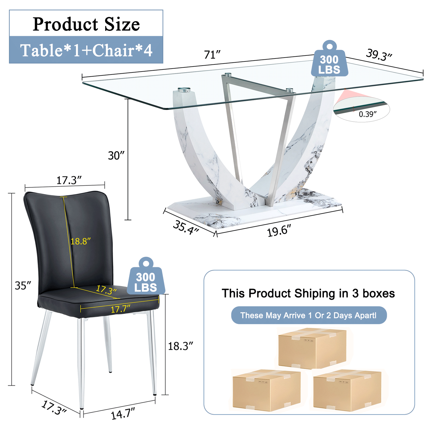 Sudica 71"Glass Dining Table with Chairs for 4, Rectangular Glass Table with Upholstered Dining Room Chairs, Black