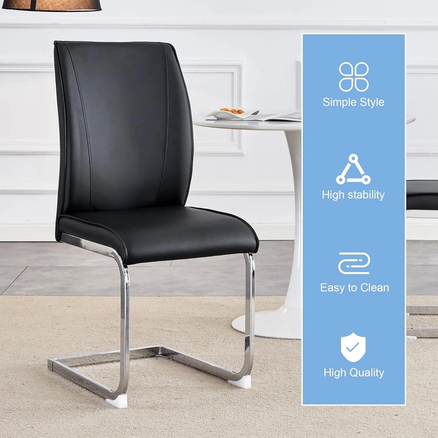 SUDICA Dining Room Chairs, Black Faux Leather High Back, Chrome Metal Legs, Set of 4