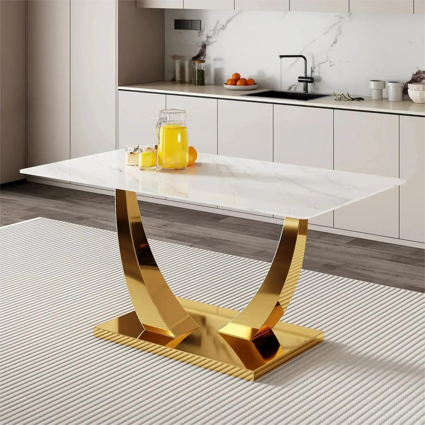 White and Gold Dining Table Set for 4, Faux Marble Dining Room Table Set for 4,63'' Rectangular Tempered Glass Top Kitchen Table Set and 4 Chairs for Dining Room Kitchen