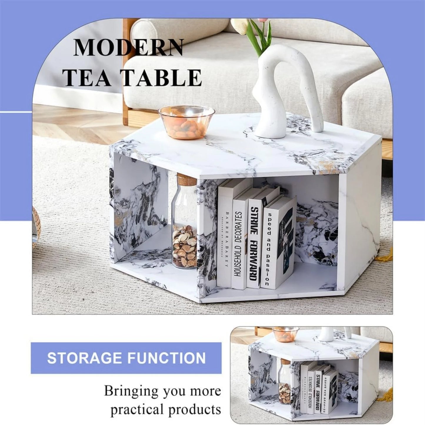 SUDICA Faux Marble Coffee Table with Storage, Hexagon Shape, White MDF, Modern Living Room