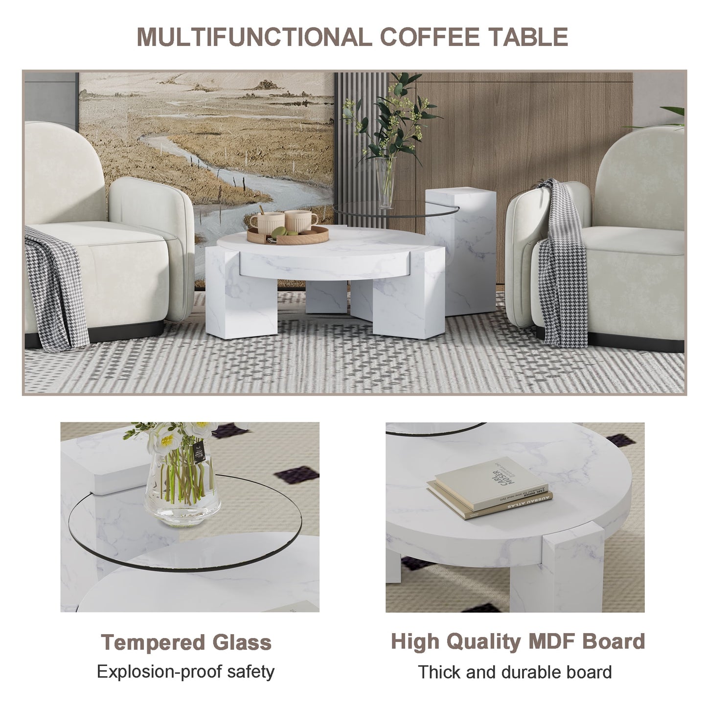 Sudica Round Coffee Table Set of 2, Modern Faux Marble Center Table with Glass Side Table for Living Room Bedroom