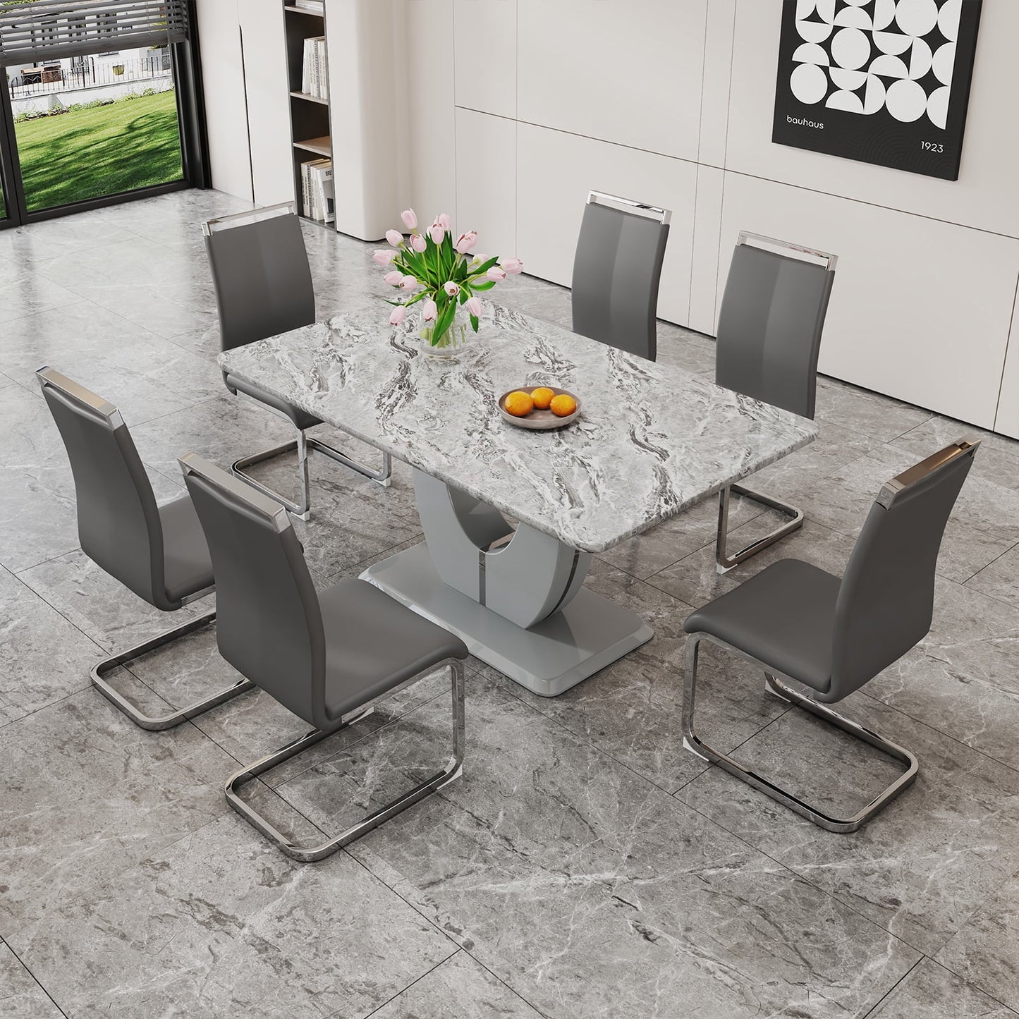Modern Dining Table Set for 6,Sudica Rectangular Marble Kitchen Table Set with 6 PU Leather Upholstered Dining Room Chairs, Gray