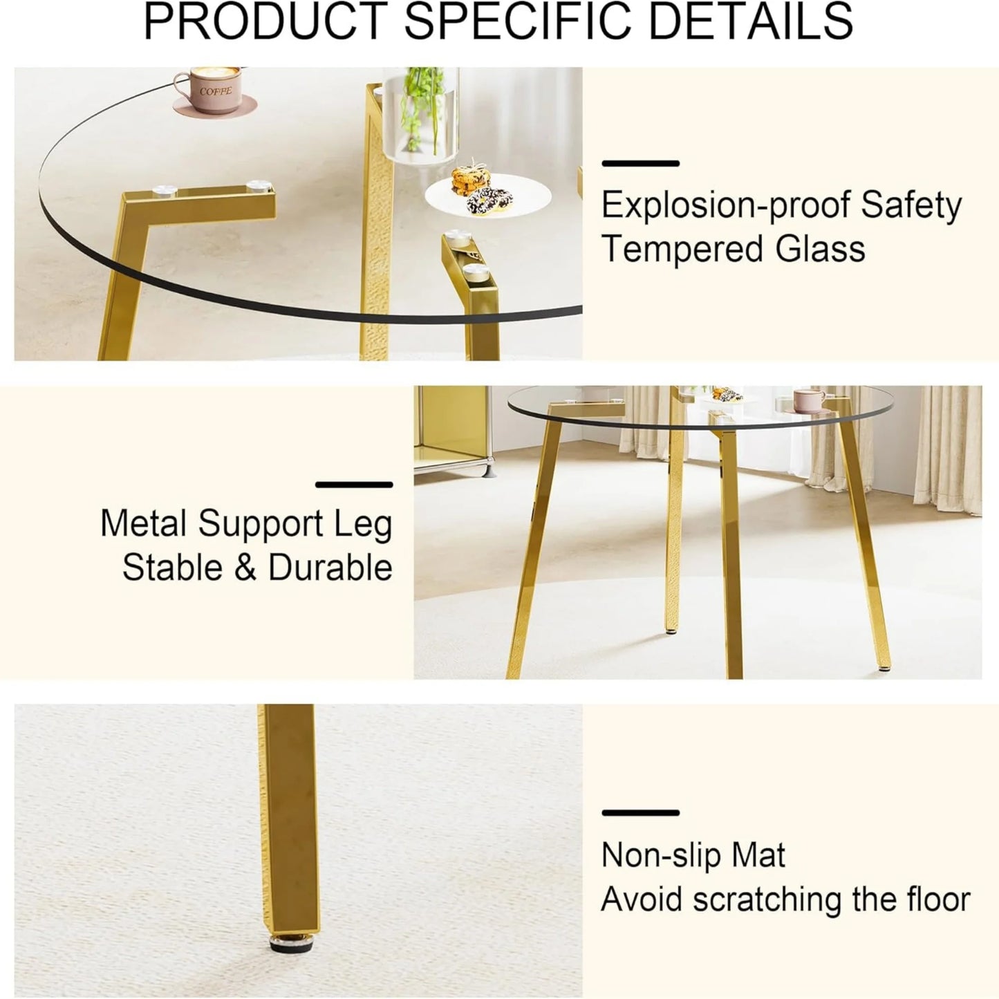 Sudica 42"Round Dining Table. Modern Minimalist Kitchen Table Glass with Metal Legs, for Kitchen, Dining Room, Golden