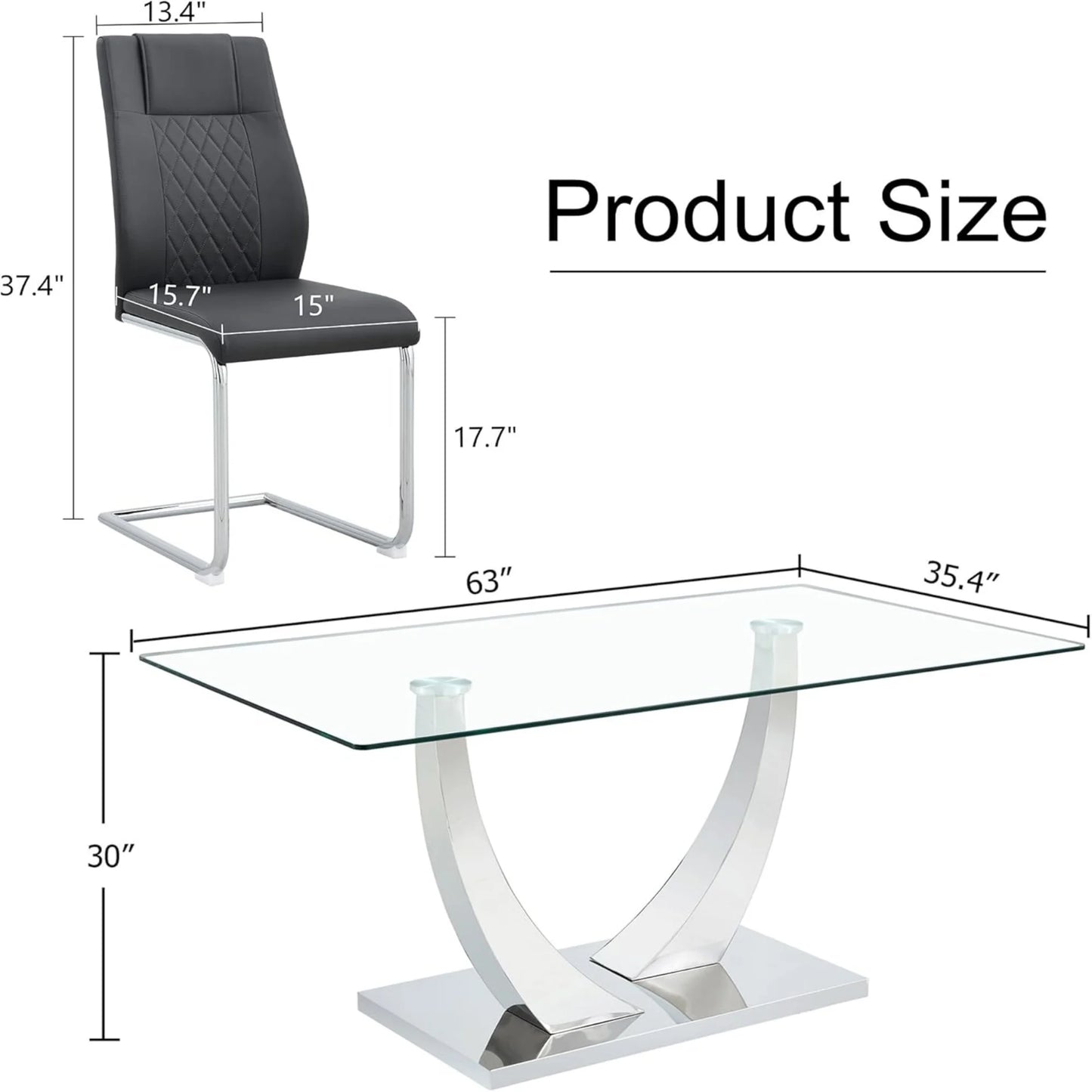 Silver Dining Table Set for 4,5PCS Glass Dining Room Table Set for 4, 63'' Rectangular Tempered Glass Top Kitchen Table Set and 4 Chairs for Dining Room Kitchen