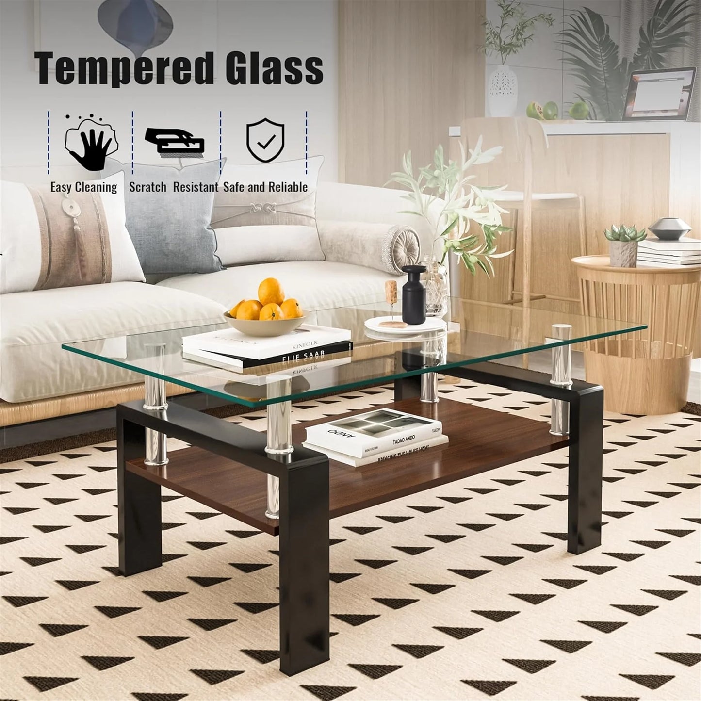 Glass Coffee Table Rectangle Living Room Center Table with Storage, Clear Tempered Glass Tabletop and Smoke Grey Leg,for Living Room and Office (Clear Smoke),Transparent Brown