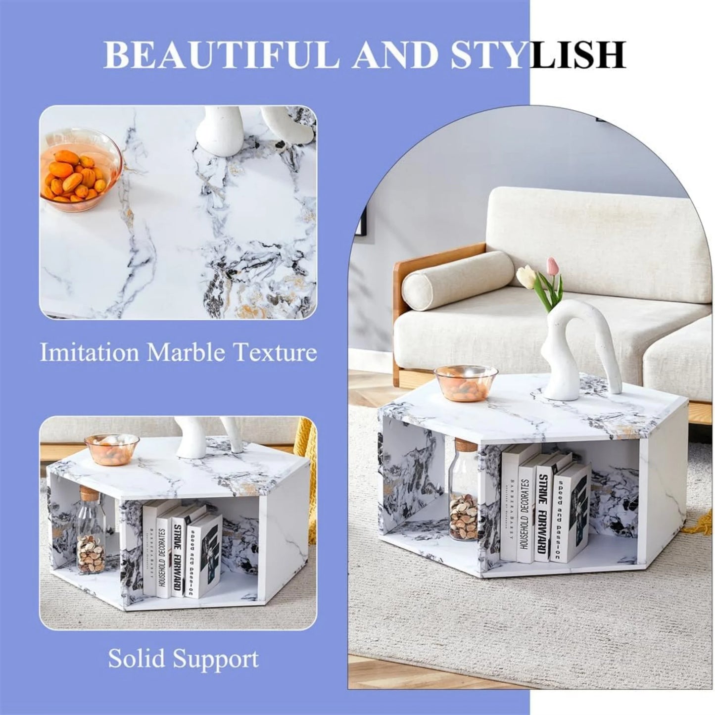 SUDICA Faux Marble Coffee Table with Storage, Hexagon Shape, White MDF, Modern Living Room