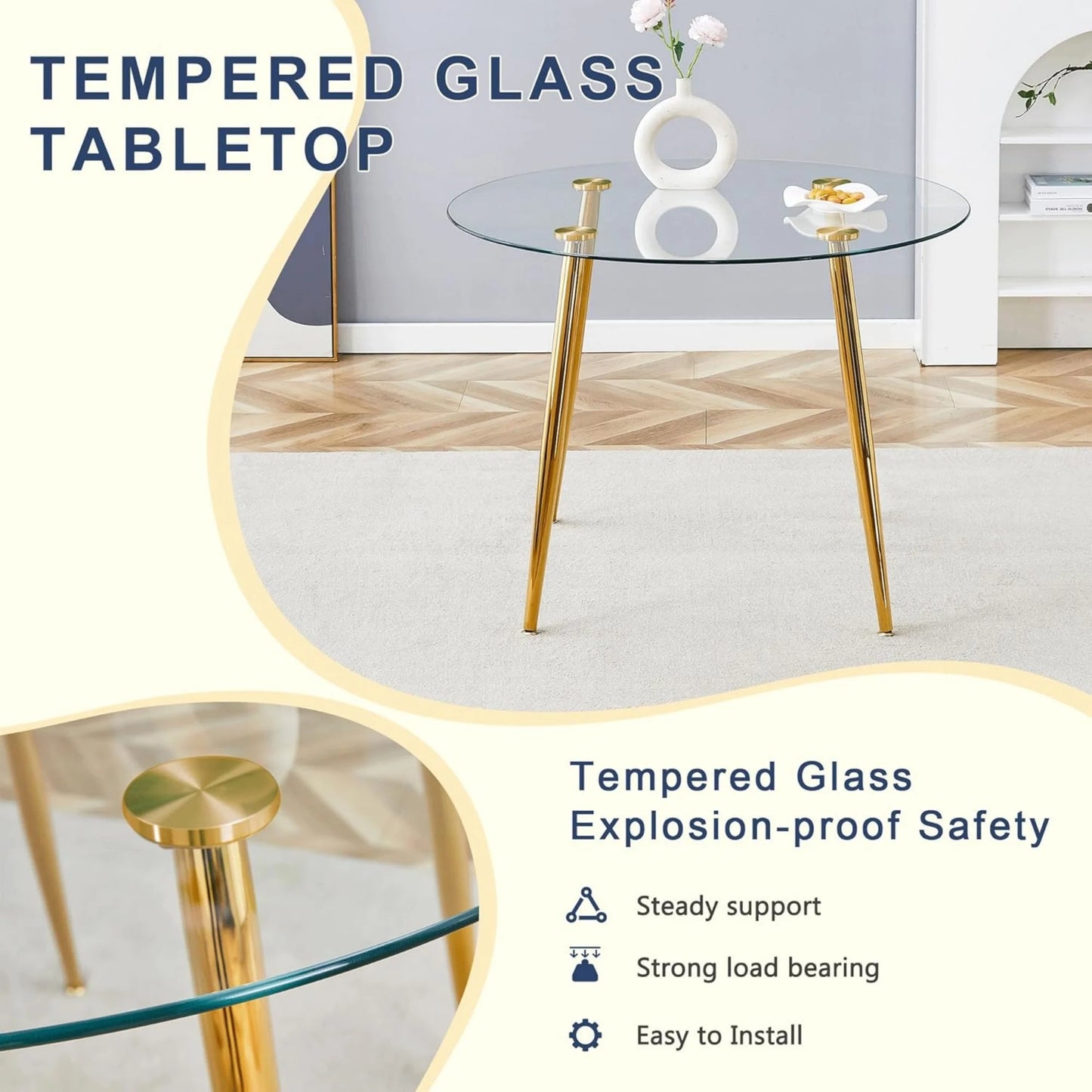 Sudica 40‑Inch Tempered Glass Round Dining Table, Gold Metal Legs, Modern Kitchen & Dining Room