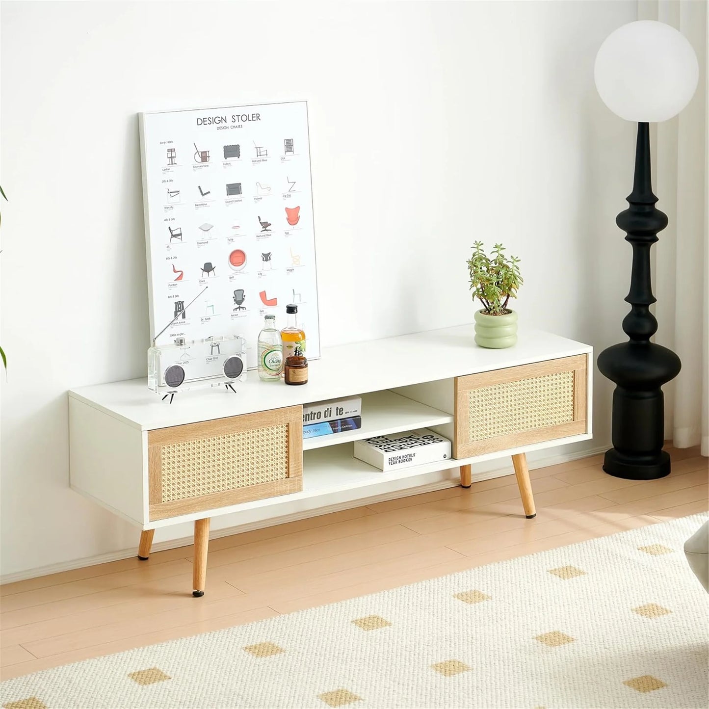 Rattan TV Stand for 65 Inch TV, Boho Entertainment Center with Adjustable Shelves & Metal Frame, Wood TV Media Console with Variable Light Strip for Living Room, White,White Wood