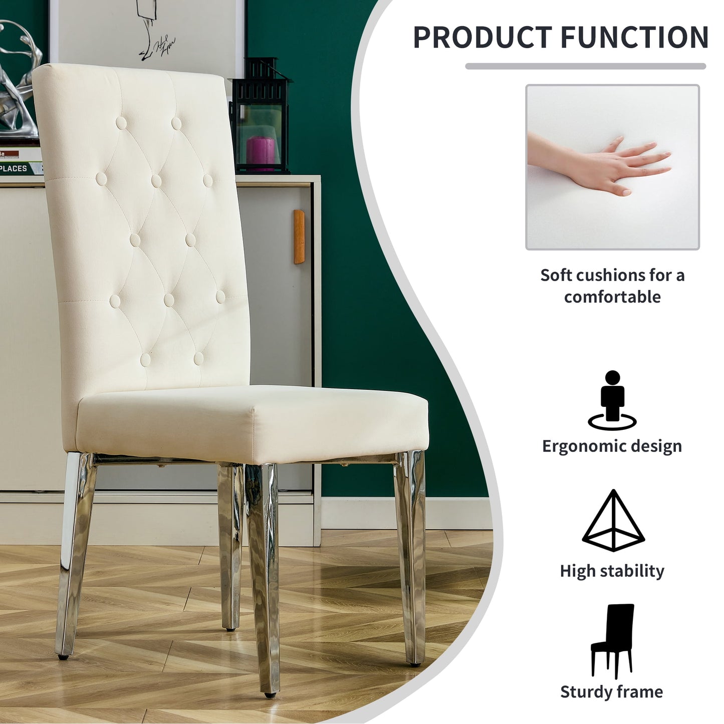 Upholstered Velvet Dining Chairs Set of 2 Tufted Mid-Century Modern Dinner Chairs with Chomon Legs for Kitchen, Beige