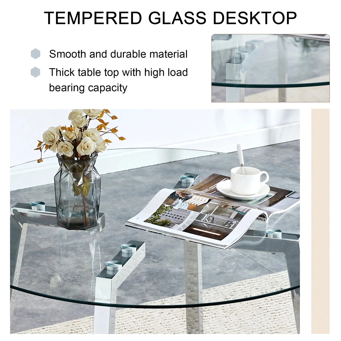 Sudica 42"Round Dining Table. Modern Minimalist Kitchen Table Glass with Metal Legs, for Kitchen, Dining Room, Silver