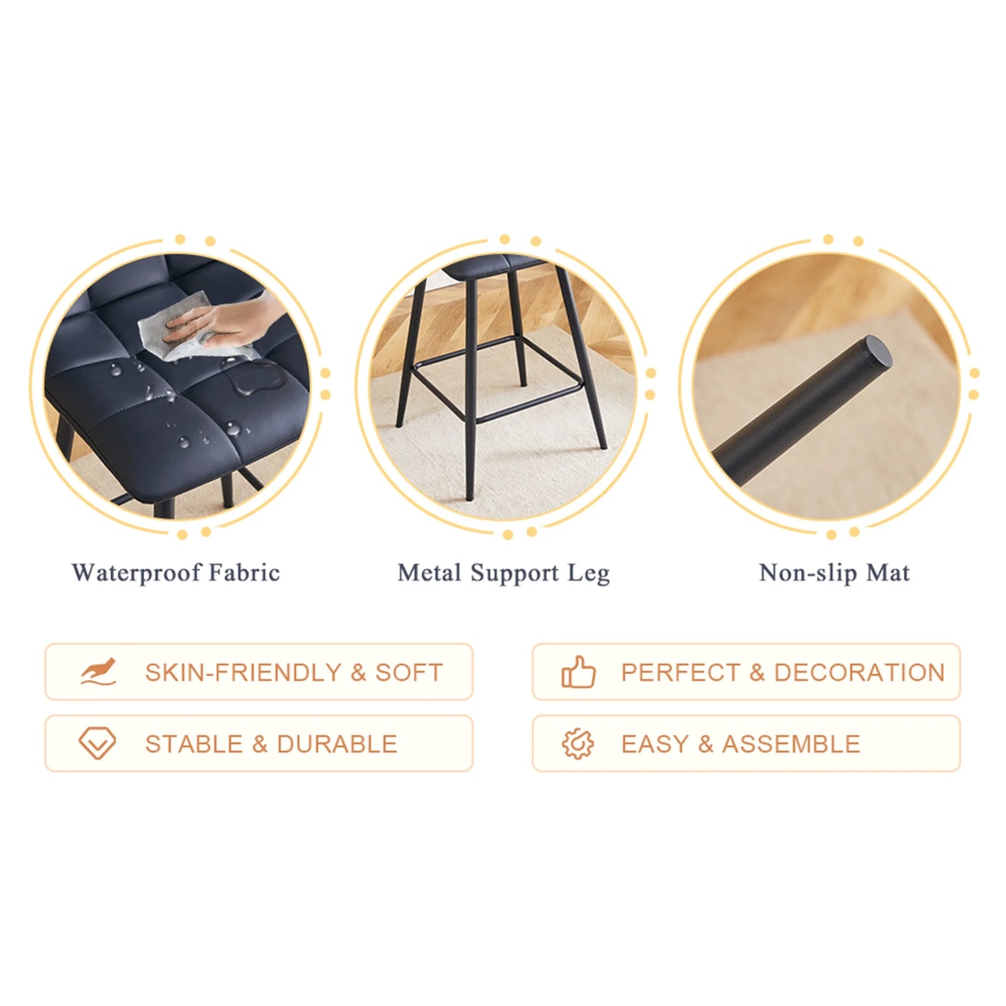 SUDICA 24.4" Counter Height Bar Stools, Black PU Leather, Metal Legs, Set of 2