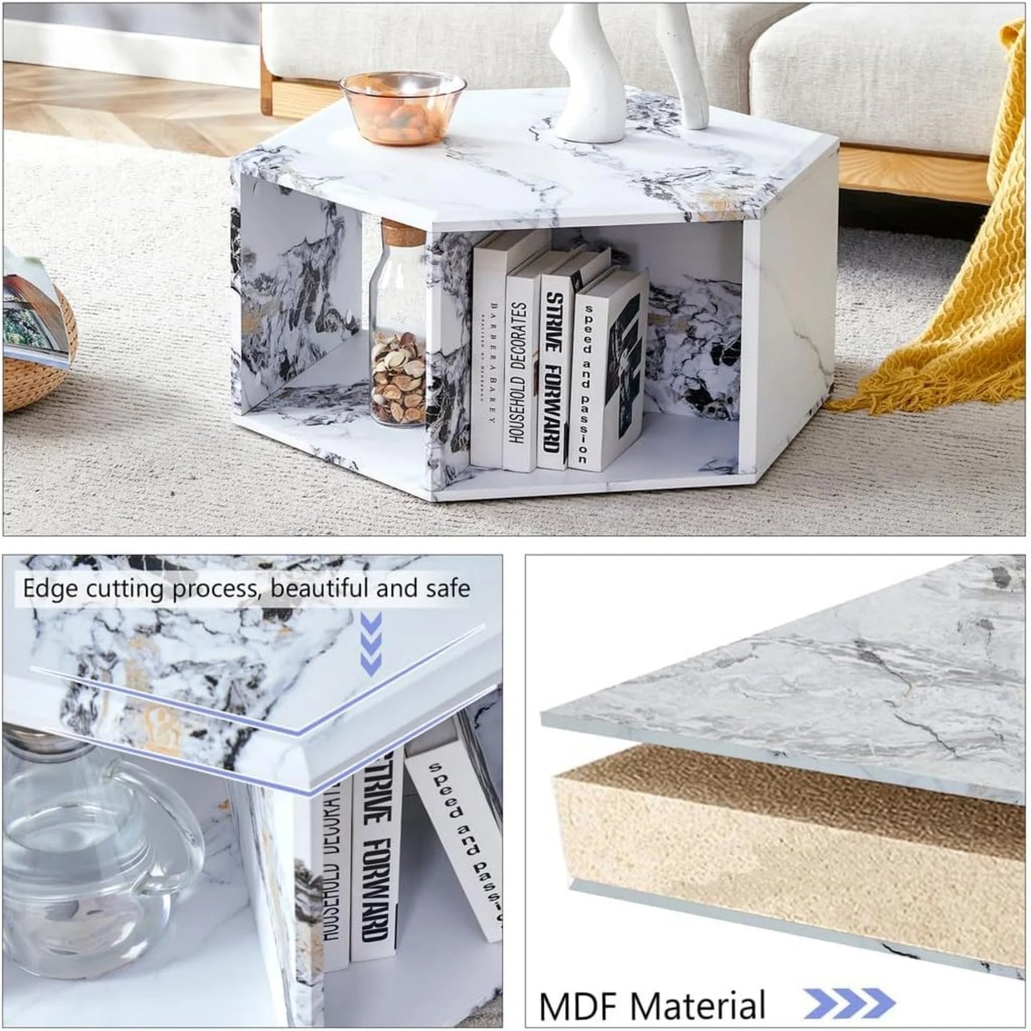 SUDICA Faux Marble Coffee Table with Storage, Hexagon Shape, White MDF, Modern Living Room