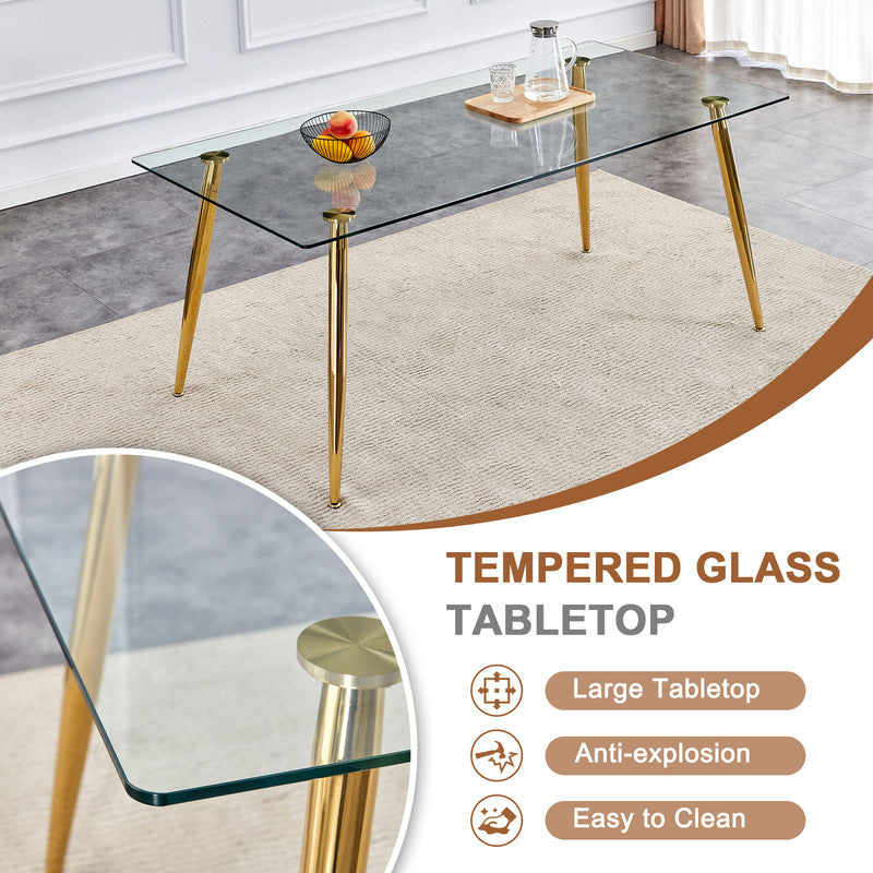 Tempered Glass Dining Table for 6, Sudica 71 inch Modern Rectangular Glass Kitchen Table with 4 Silver Plating Metal Legs
