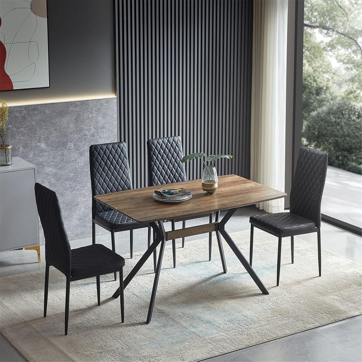 47" Wood Dining Table, Simple Modern Kitchen Table with Wooden Tabletop&Black Metal Transfer Legs, Office Table for Dining Room, Kitchen, Perfect for Apartment