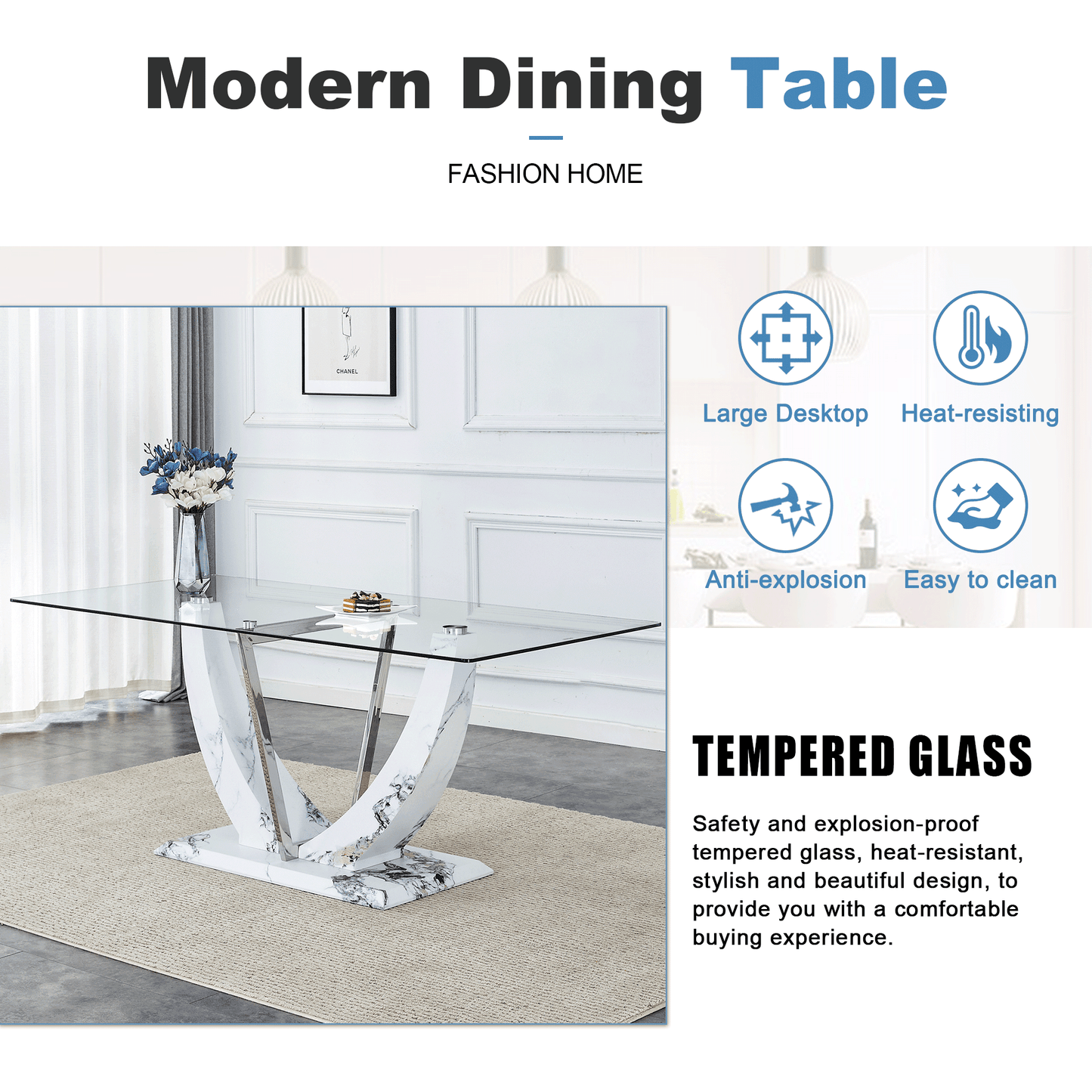 Sudica 5 Pieces Dining Set, 71" Large Glass Dining Table with Marble U Shape Base, White PU Leather Kitchen Chairs