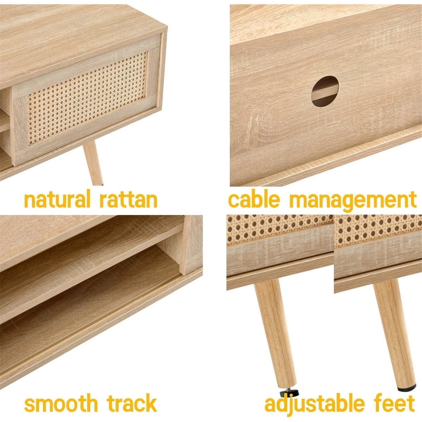 Rattan TV Stand for 65 Inch TV, Boho Entertainment Center with Adjustable Shelves & Metal Frame, Wood TV Media Console with Variable Light Strip for Living Room, White,Natural Wood