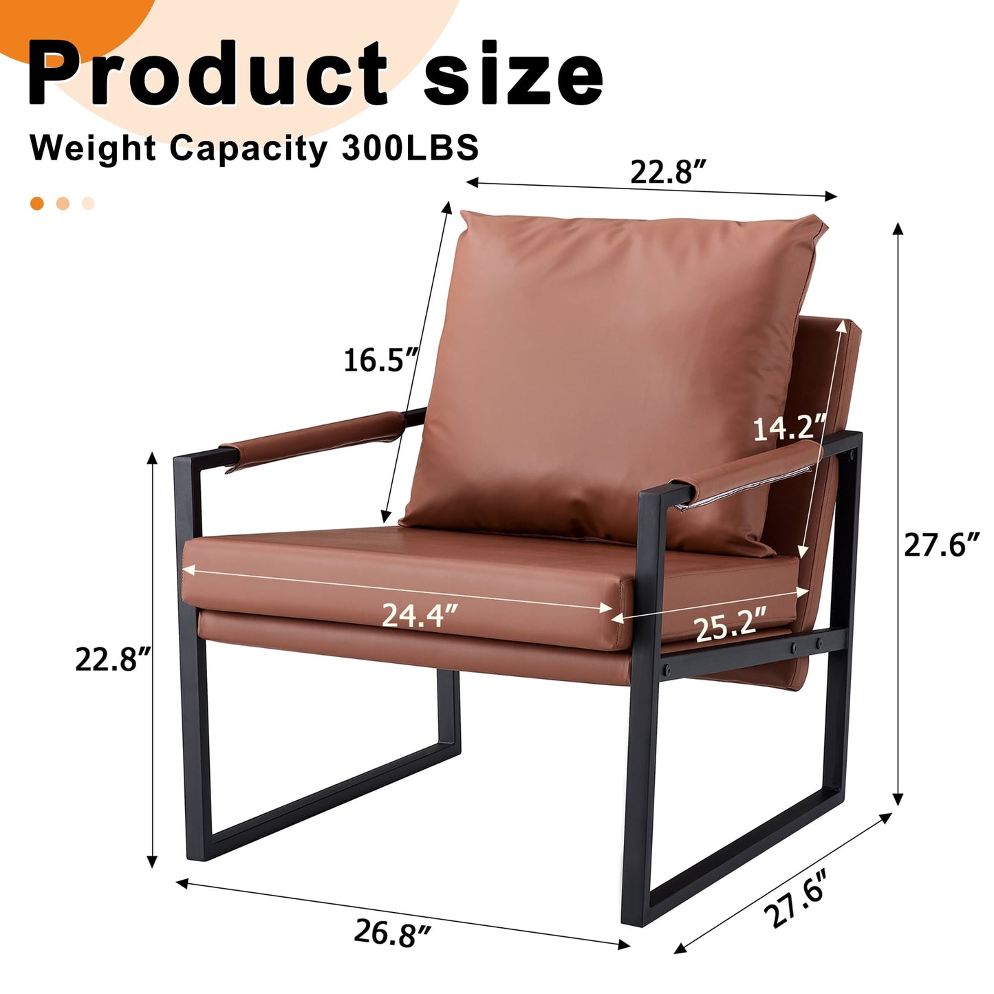 Faux Leather Modern Accent Chair with Metal Frame Living Room Armchair, Brown
