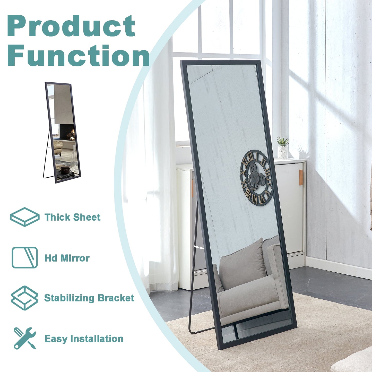 Wood Floor Mirror, 65"x 23 inch Sudica Thick Wooden Frame Full Body Mirror with Stand, Wall Mirror for Living Room, Black