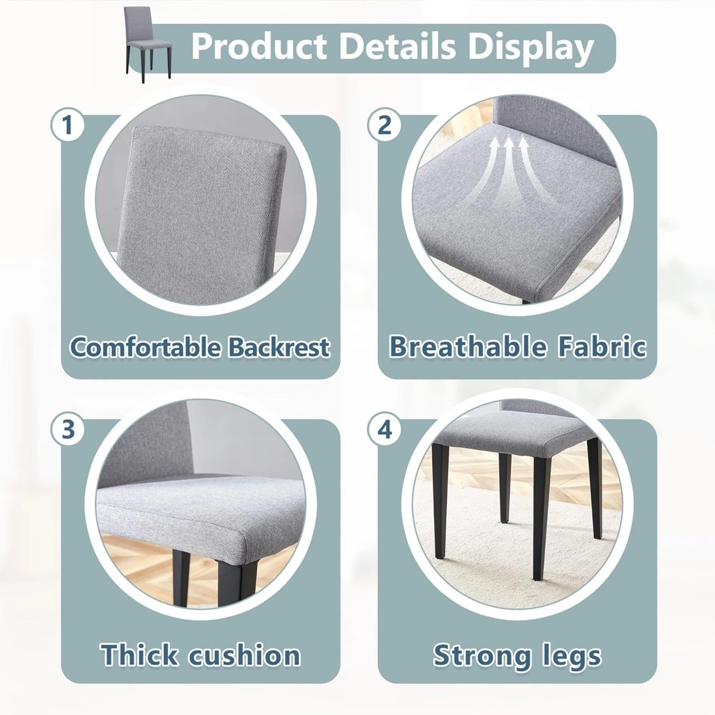 SUDICA Gray Fabric Dining Chairs Set of 2, Upholstered Parsons Style with Metal Legs for Kitchen