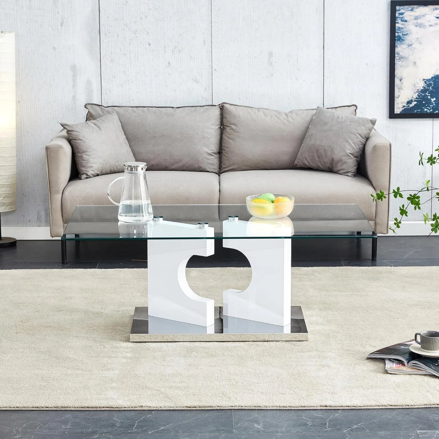 Sudica Glass Rectangular Coffee Table, 47" Modern Tea Table with Tempered Glass Tabletop and White Legs for Living Room.