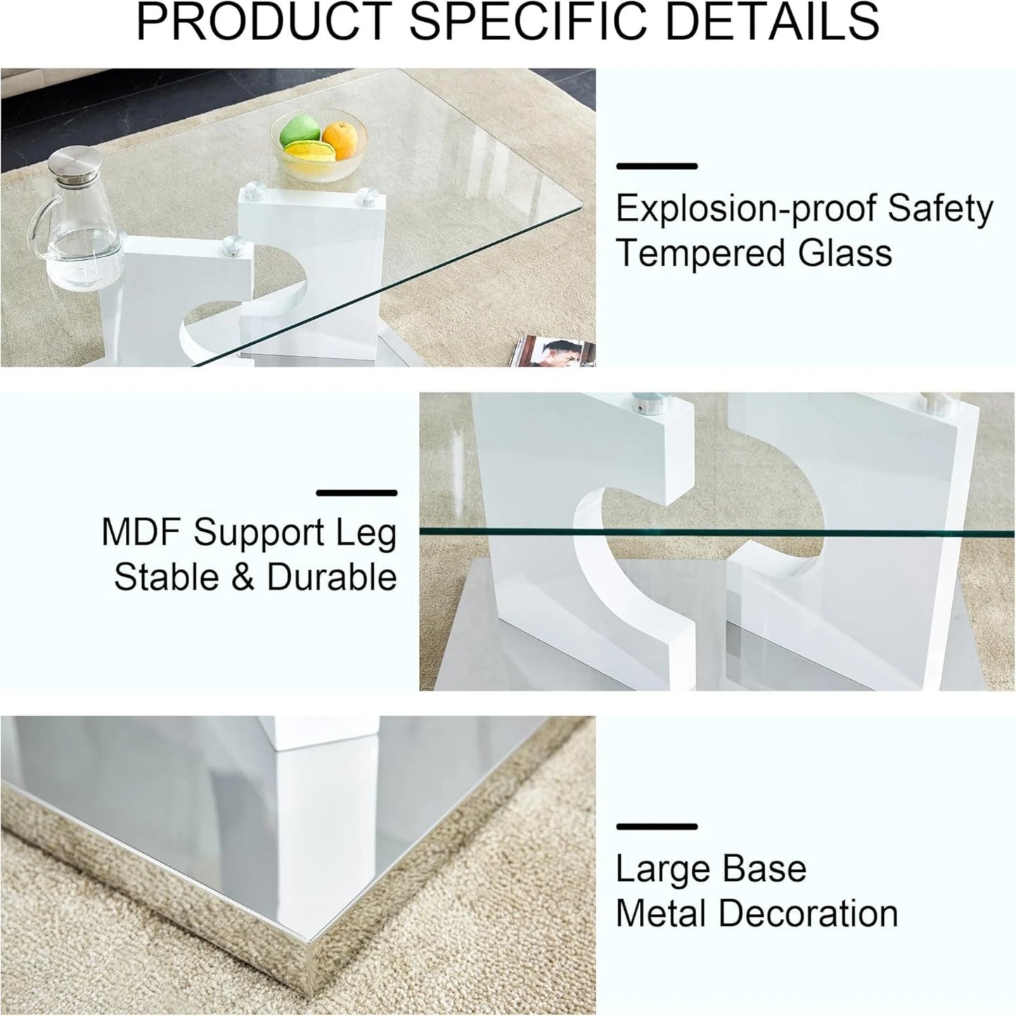 Sudica Glass Rectangular Coffee Table, 47" Modern Tea Table with Tempered Glass Tabletop and White Legs for Living Room.