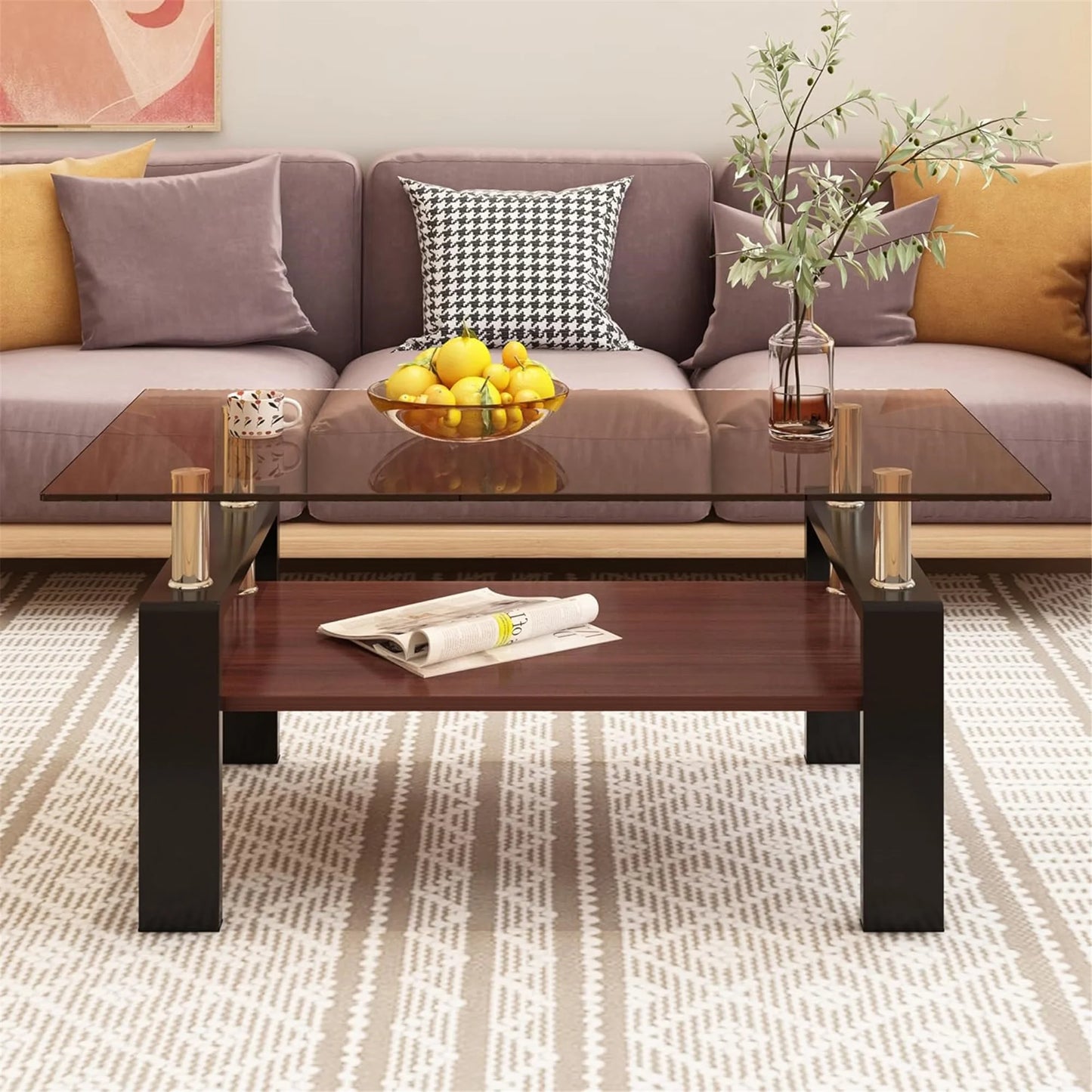 Glass Coffee Table Rectangle Living Room Center Table with Storage, Clear Tempered Glass Tabletop and Smoke Grey Leg,for Living Room and Office (Clear Smoke),Brown