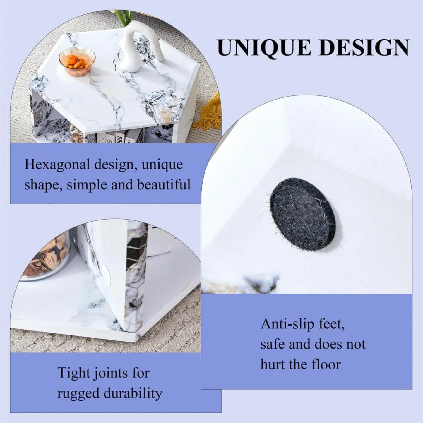 SUDICA Faux Marble Coffee Table with Storage, Hexagon Shape, White MDF, Modern Living Room